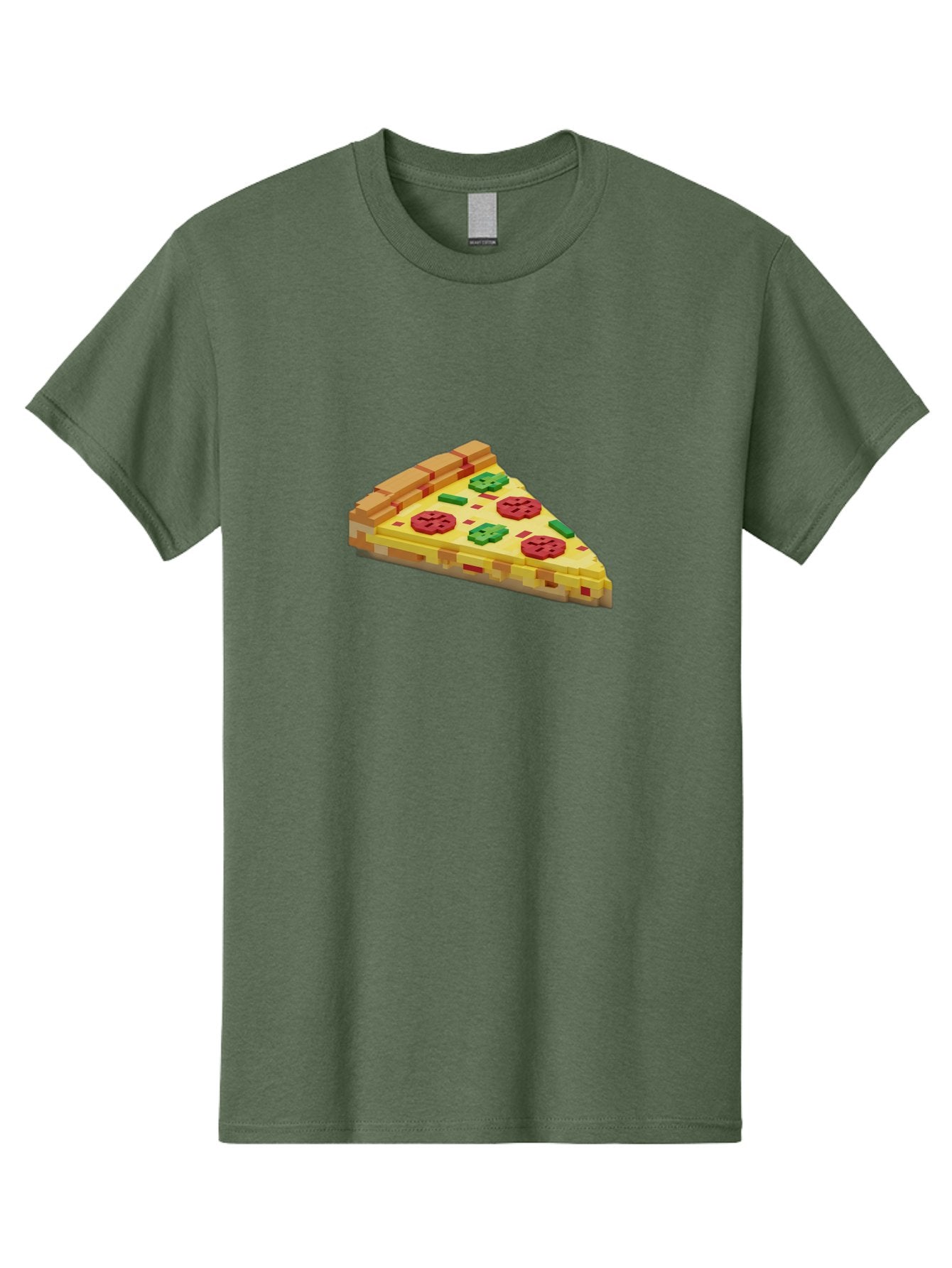 3D-Pizza-Slice Men'S Graphic Tee, 100% Cotton, Comfortable Casual Summer Wear, Machine Washable, Pixel Art, Pizza Slice, 3D Graphics, Pepperoni Pizza, Green Peppers, Yellow Crust, Red Toppings, Digital Illustration, Blocky Texture, Bab615