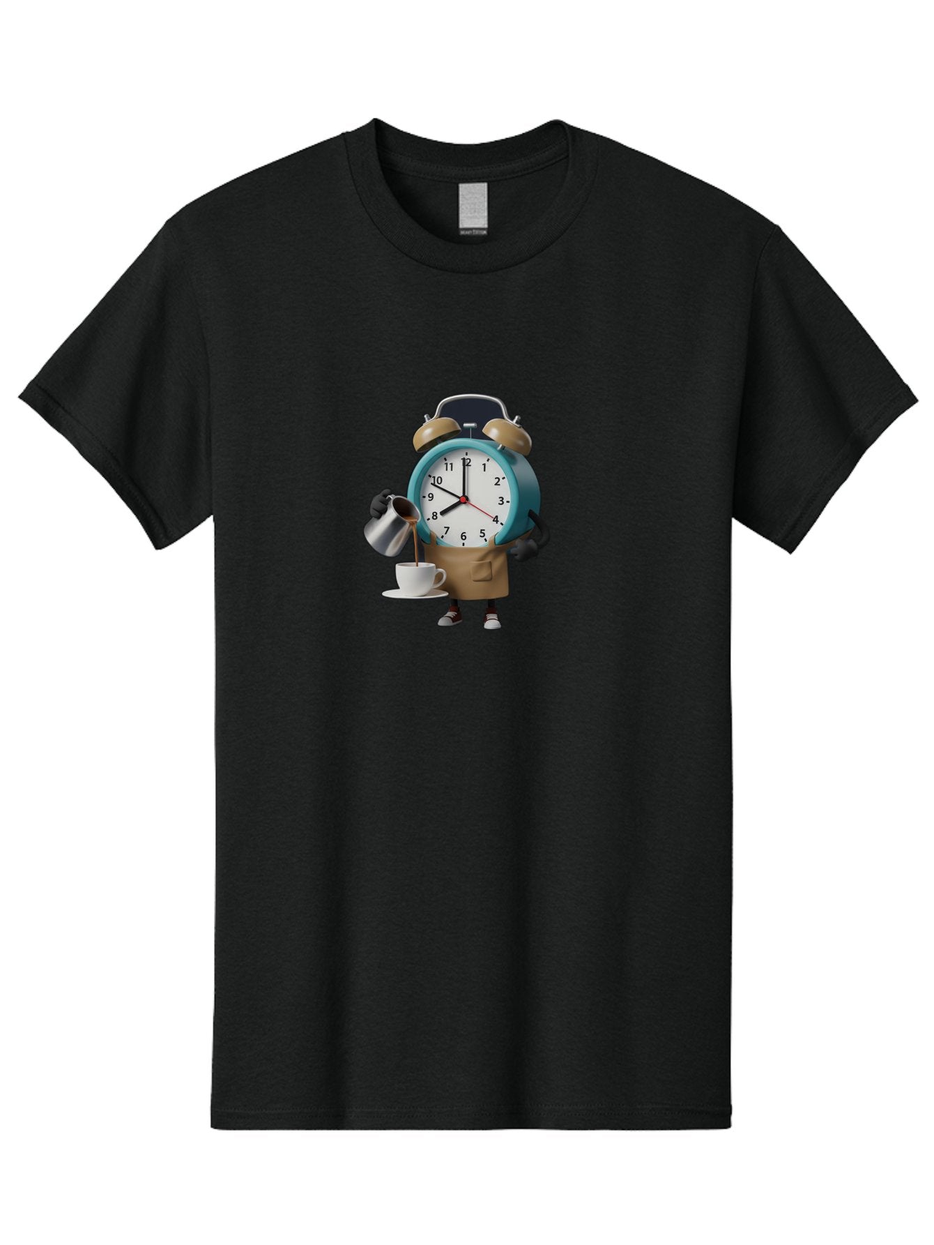 Alarm-Clock-Character Men'S Graphic Tee, 100% Cotton, Comfortable Casual Summer Wear, Machine Washable, Alarm Clock Character, Morning Coffee, Daily Routine, Time Management, Coffee Break, Cartoon Style, Clock Face, Coffee Cup, Saucer, Bab617 8