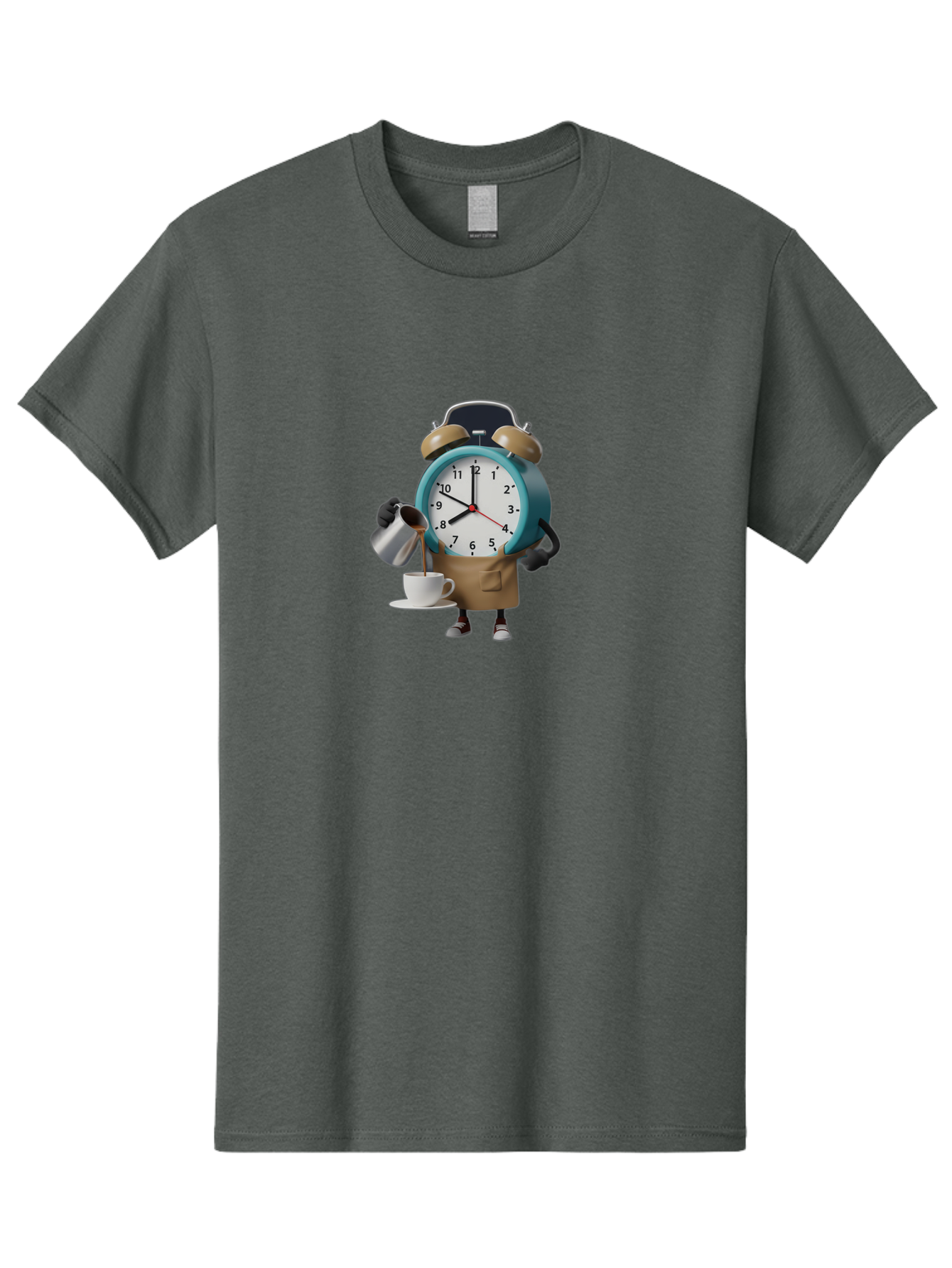 Alarm-Clock-Character Men'S Graphic Tee, 100% Cotton, Comfortable Casual Summer Wear, Machine Washable, Alarm Clock Character, Morning Coffee, Daily Routine, Time Management, Coffee Break, Cartoon Style, Clock Face, Coffee Cup, Saucer, Bab617
