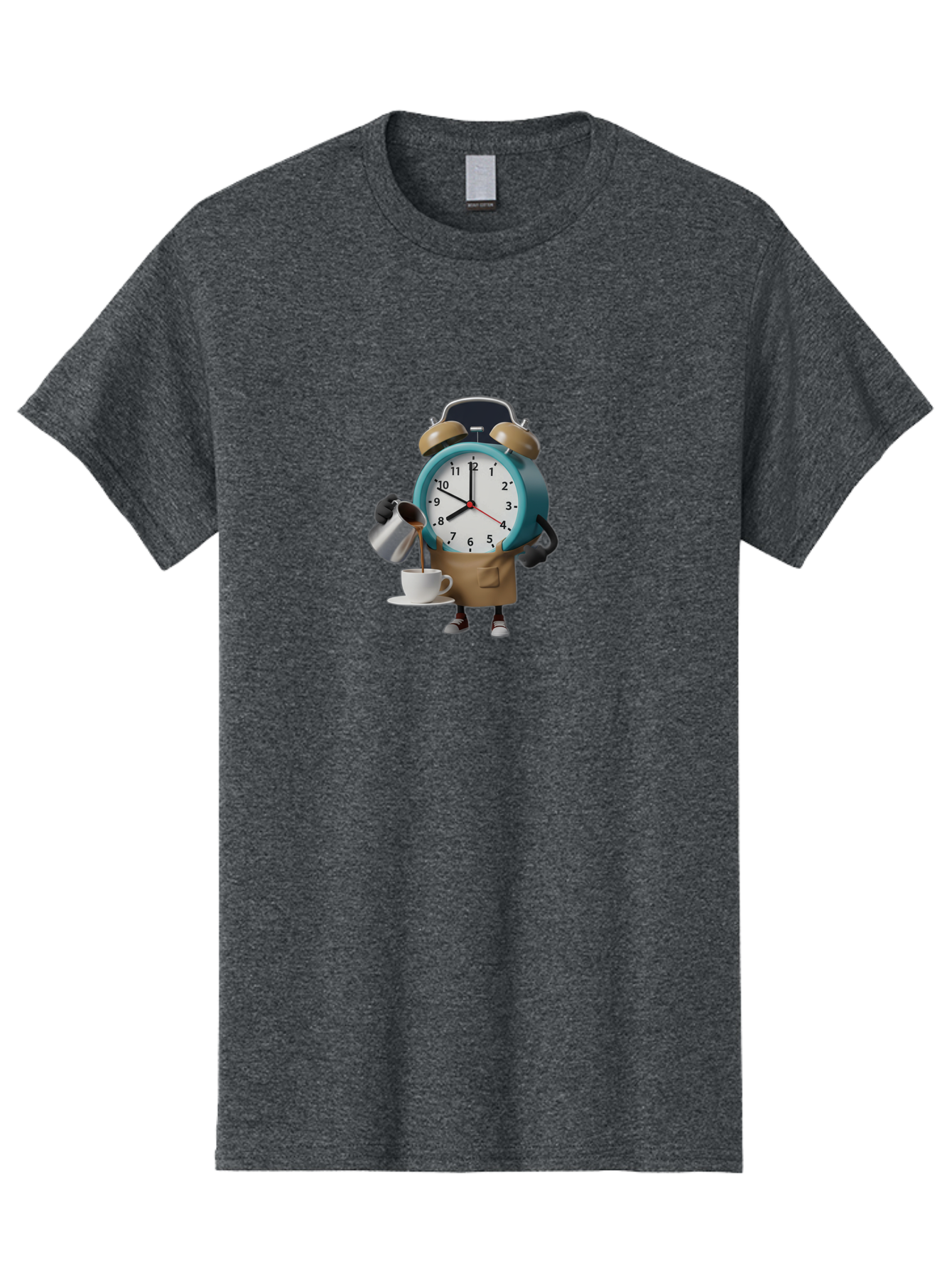 Alarm-Clock-Character Men'S Graphic Tee, 100% Cotton, Comfortable Casual Summer Wear, Machine Washable, Alarm Clock Character, Morning Coffee, Daily Routine, Time Management, Coffee Break, Cartoon Style, Clock Face, Coffee Cup, Saucer, Bab617