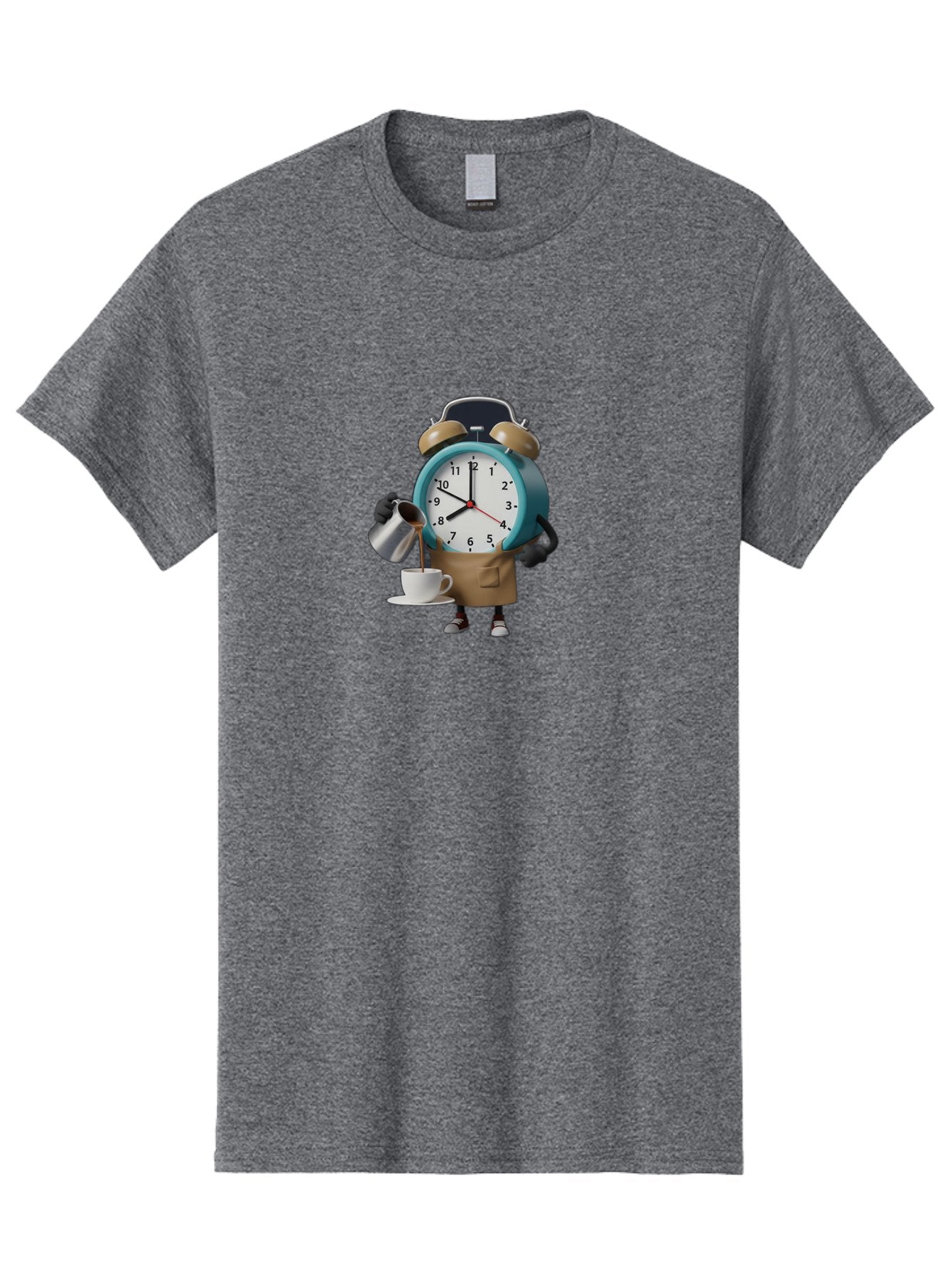 Alarm-Clock-Character Men'S Graphic Tee, 100% Cotton, Comfortable Casual Summer Wear, Machine Washable, Alarm Clock Character, Morning Coffee, Daily Routine, Time Management, Coffee Break, Cartoon Style, Clock Face, Coffee Cup, Saucer, Bab617 5