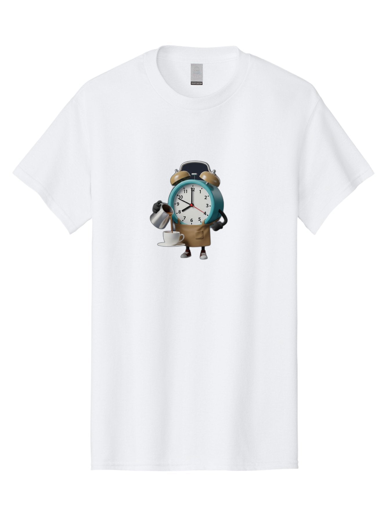 Alarm-Clock-Character Men'S Graphic Tee, 100% Cotton, Comfortable Casual Summer Wear, Machine Washable, Alarm Clock Character, Morning Coffee, Daily Routine, Time Management, Coffee Break, Cartoon Style, Clock Face, Coffee Cup, Saucer, Bab617 3
