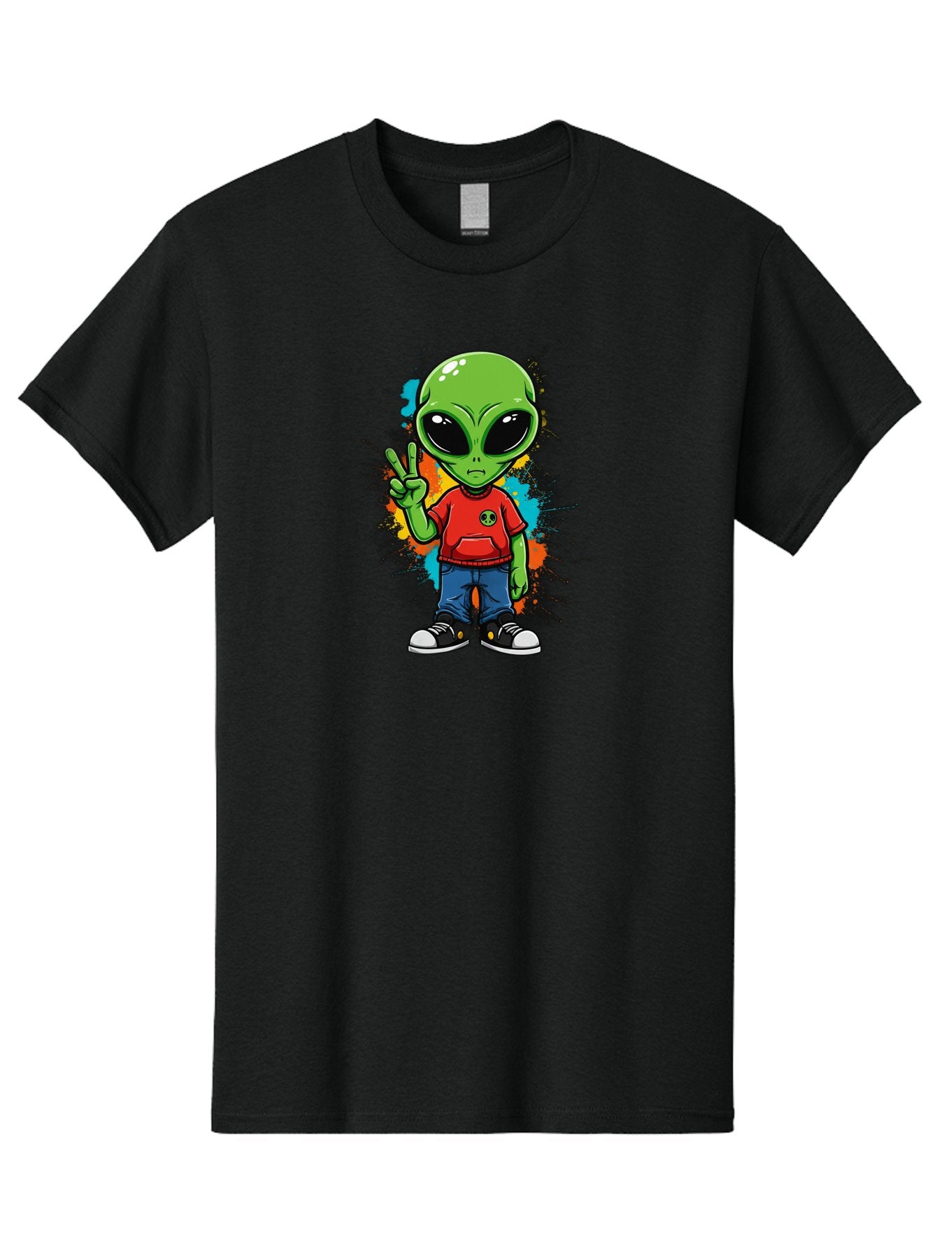 Alien-1 Men'S Graphic Tee, 100% Cotton, Comfortable Casual Summer Wear, Machine Washable, Cartoon Alien, Peace Sign, Red Shirt, Blue Jeans, Black Sneakers, Colorful Splatter, Playful Vibe, Fun Design, Quirky Character, Streetwear Style Bab619 8
