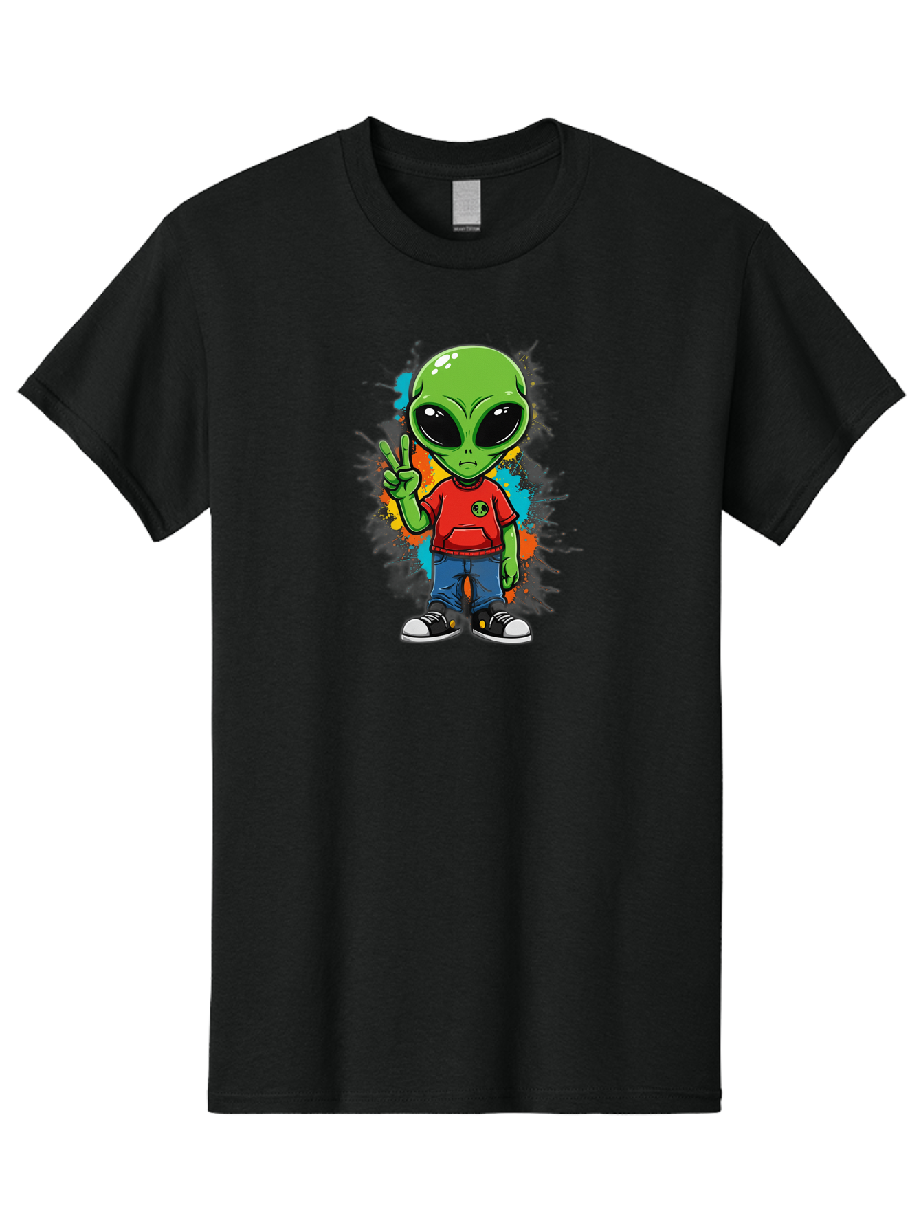 Alien-1 Men'S Graphic Tee, 100% Cotton, Comfortable Casual Summer Wear, Machine Washable, Cartoon Alien, Peace Sign, Red Shirt, Blue Jeans, Black Sneakers, Colorful Splatter, Playful Vibe, Fun Design, Quirky Character, Streetwear Style Bab619 6