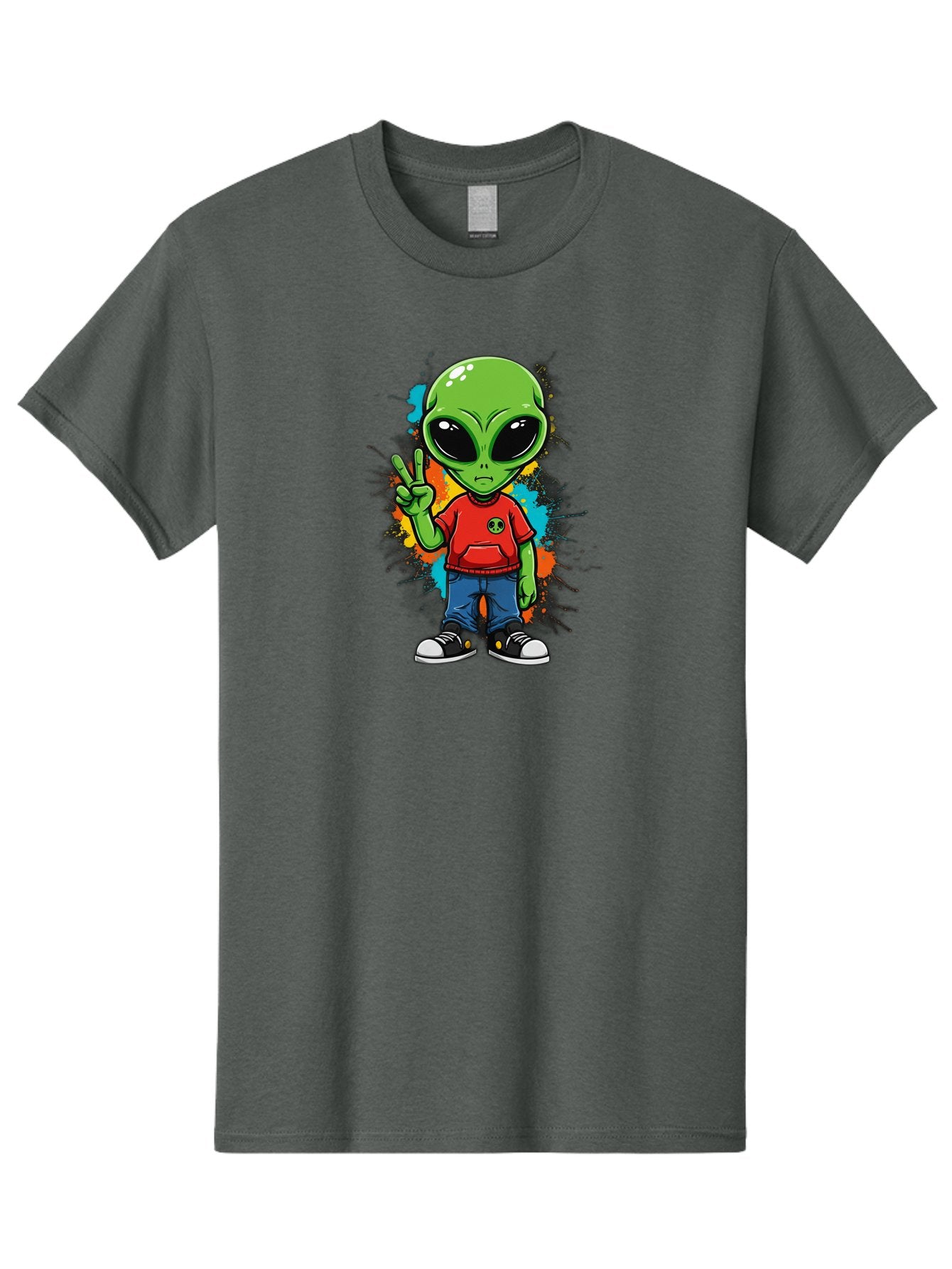 Alien-1 Men'S Graphic Tee, 100% Cotton, Comfortable Casual Summer Wear, Machine Washable, Cartoon Alien, Peace Sign, Red Shirt, Blue Jeans, Black Sneakers, Colorful Splatter, Playful Vibe, Fun Design, Quirky Character, Streetwear Style Bab619 14