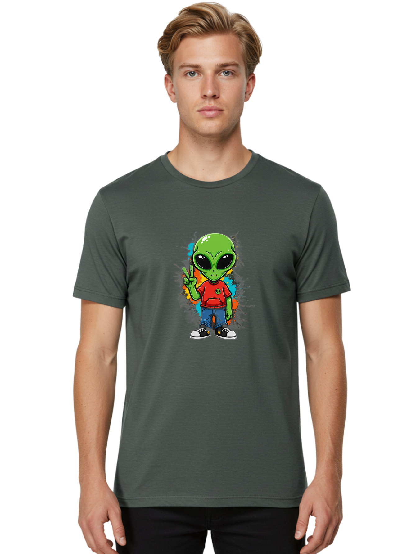 Alien-1 Men'S Graphic Tee, 100% Cotton, Comfortable Casual Summer Wear, Machine Washable, Cartoon Alien, Peace Sign, Red Shirt, Blue Jeans, Black Sneakers, Colorful Splatter, Playful Vibe, Fun Design, Quirky Character, Streetwear Style Bab619 17