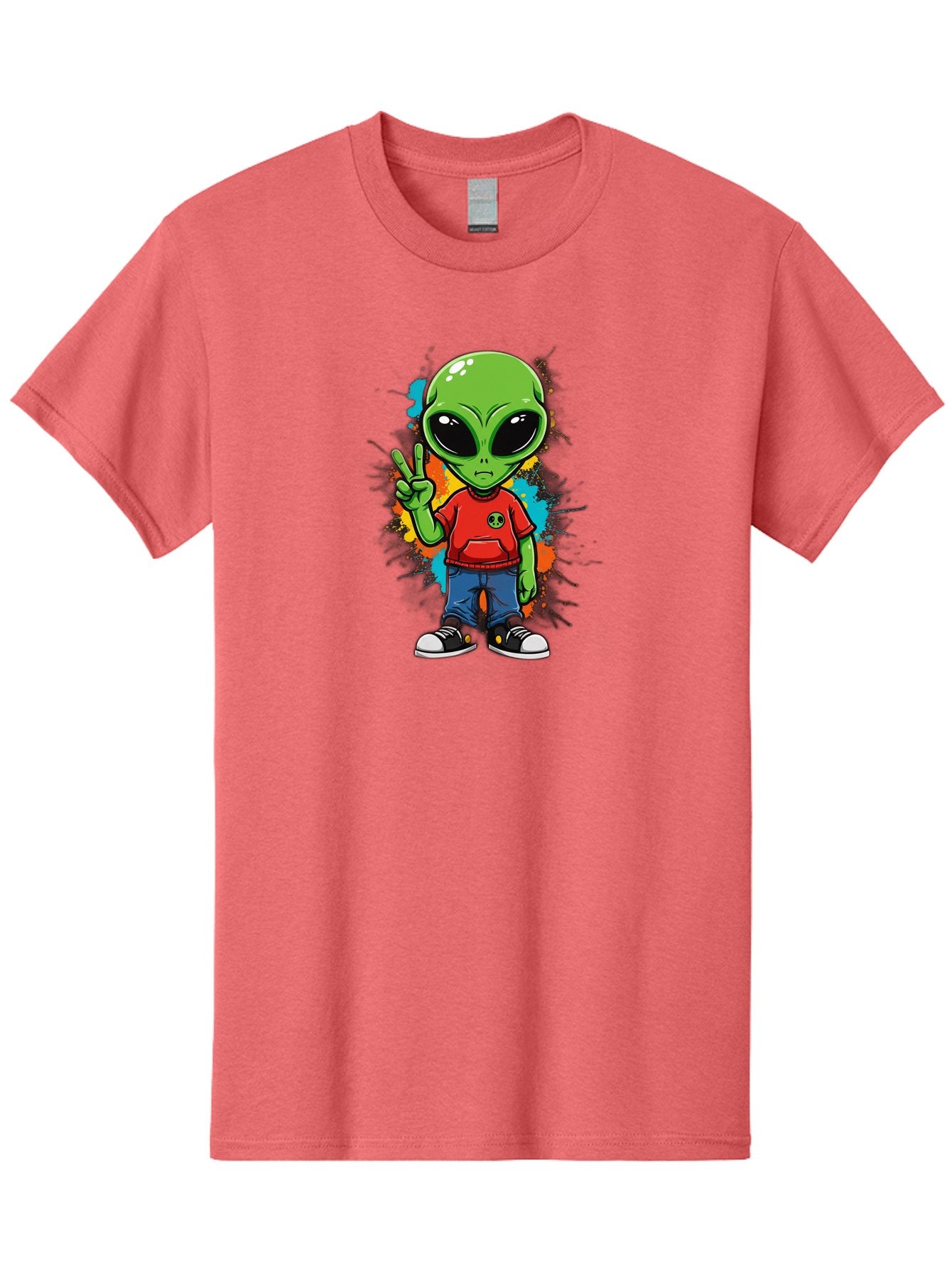 Alien-1 Men'S Graphic Tee, 100% Cotton, Comfortable Casual Summer Wear, Machine Washable, Cartoon Alien, Peace Sign, Red Shirt, Blue Jeans, Black Sneakers, Colorful Splatter, Playful Vibe, Fun Design, Quirky Character, Streetwear Style Bab619 4