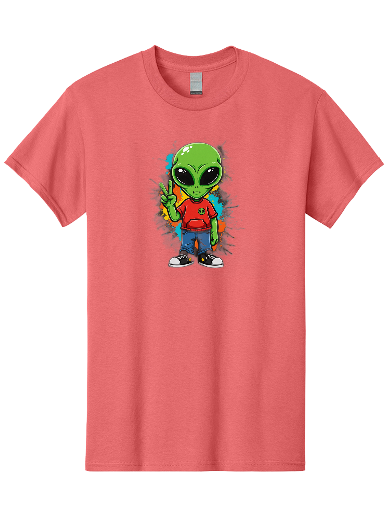 Alien-1 Men'S Graphic Tee, 100% Cotton, Comfortable Casual Summer Wear, Machine Washable, Cartoon Alien, Peace Sign, Red Shirt, Blue Jeans, Black Sneakers, Colorful Splatter, Playful Vibe, Fun Design, Quirky Character, Streetwear Style Bab619 12