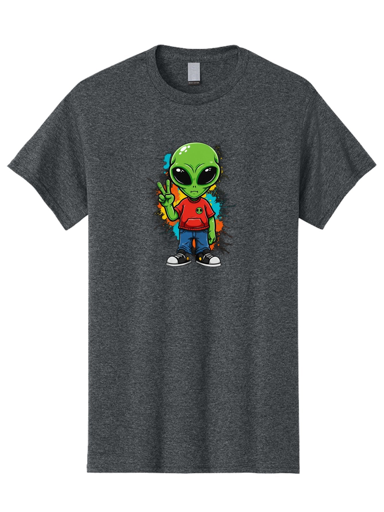 Alien-1 Men'S Graphic Tee, 100% Cotton, Comfortable Casual Summer Wear, Machine Washable, Cartoon Alien, Peace Sign, Red Shirt, Blue Jeans, Black Sneakers, Colorful Splatter, Playful Vibe, Fun Design, Quirky Character, Streetwear Style Bab619 12