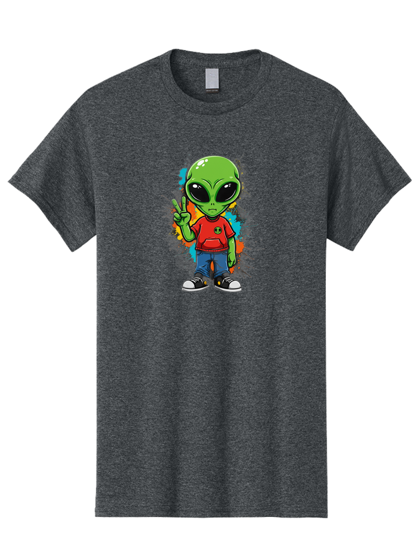Alien-1 Men'S Graphic Tee, 100% Cotton, Comfortable Casual Summer Wear, Machine Washable, Cartoon Alien, Peace Sign, Red Shirt, Blue Jeans, Black Sneakers, Colorful Splatter, Playful Vibe, Fun Design, Quirky Character, Streetwear Style Bab619 3