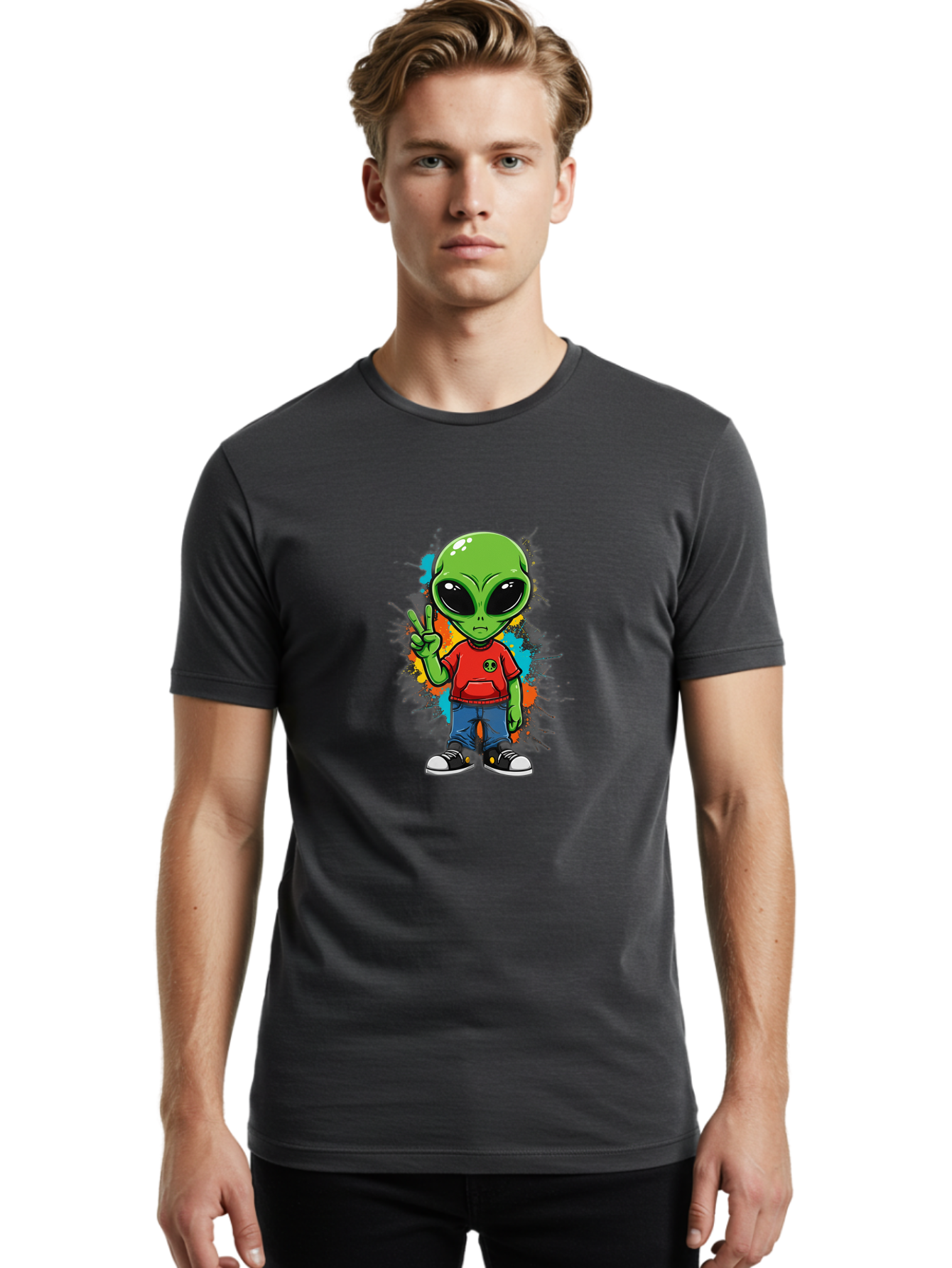 Alien-1 Men'S Graphic Tee, 100% Cotton, Comfortable Casual Summer Wear, Machine Washable, Cartoon Alien, Peace Sign, Red Shirt, Blue Jeans, Black Sneakers, Colorful Splatter, Playful Vibe, Fun Design, Quirky Character, Streetwear Style Bab619 18