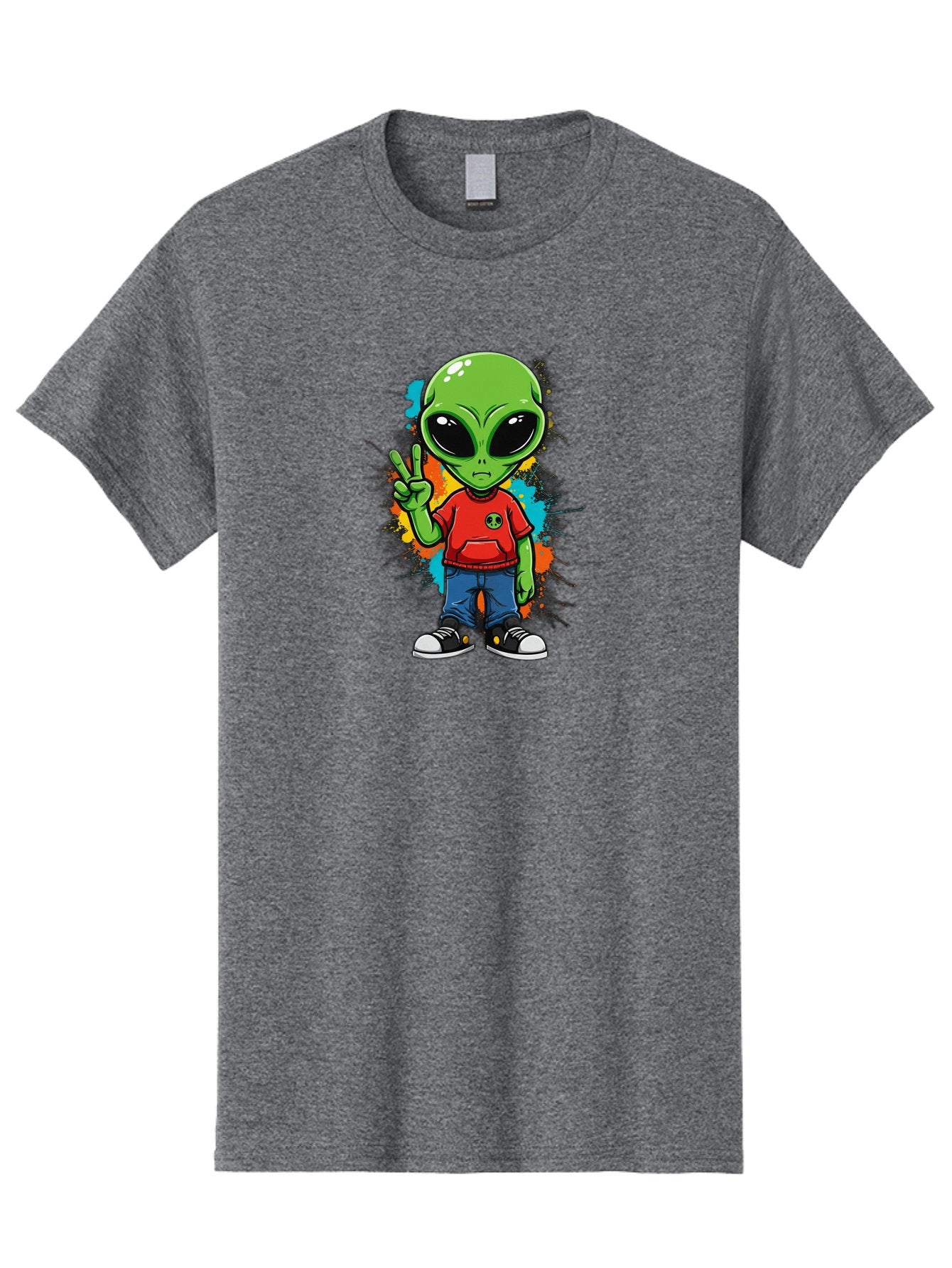 Alien-1 Men'S Graphic Tee, 100% Cotton, Comfortable Casual Summer Wear, Machine Washable, Cartoon Alien, Peace Sign, Red Shirt, Blue Jeans, Black Sneakers, Colorful Splatter, Playful Vibe, Fun Design, Quirky Character, Streetwear Style Bab619