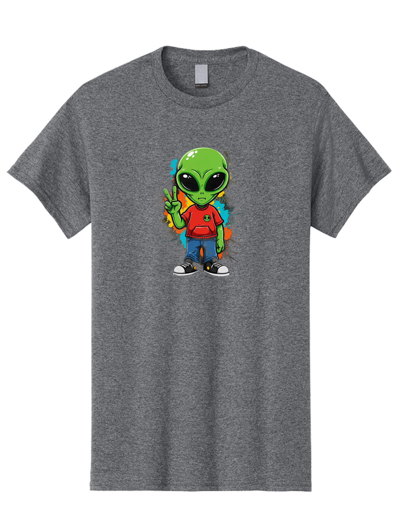 Alien-1 Men'S Graphic Tee, 100% Cotton, Comfortable Casual Summer Wear, Machine Washable, Cartoon Alien, Peace Sign, Red Shirt, Blue Jeans, Black Sneakers, Colorful Splatter, Playful Vibe, Fun Design, Quirky Character, Streetwear Style Bab619 10