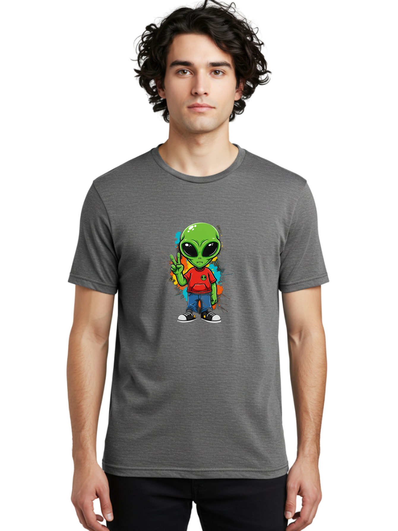 Alien-1 Men'S Graphic Tee, 100% Cotton, Comfortable Casual Summer Wear, Machine Washable, Cartoon Alien, Peace Sign, Red Shirt, Blue Jeans, Black Sneakers, Colorful Splatter, Playful Vibe, Fun Design, Quirky Character, Streetwear Style Bab619 25