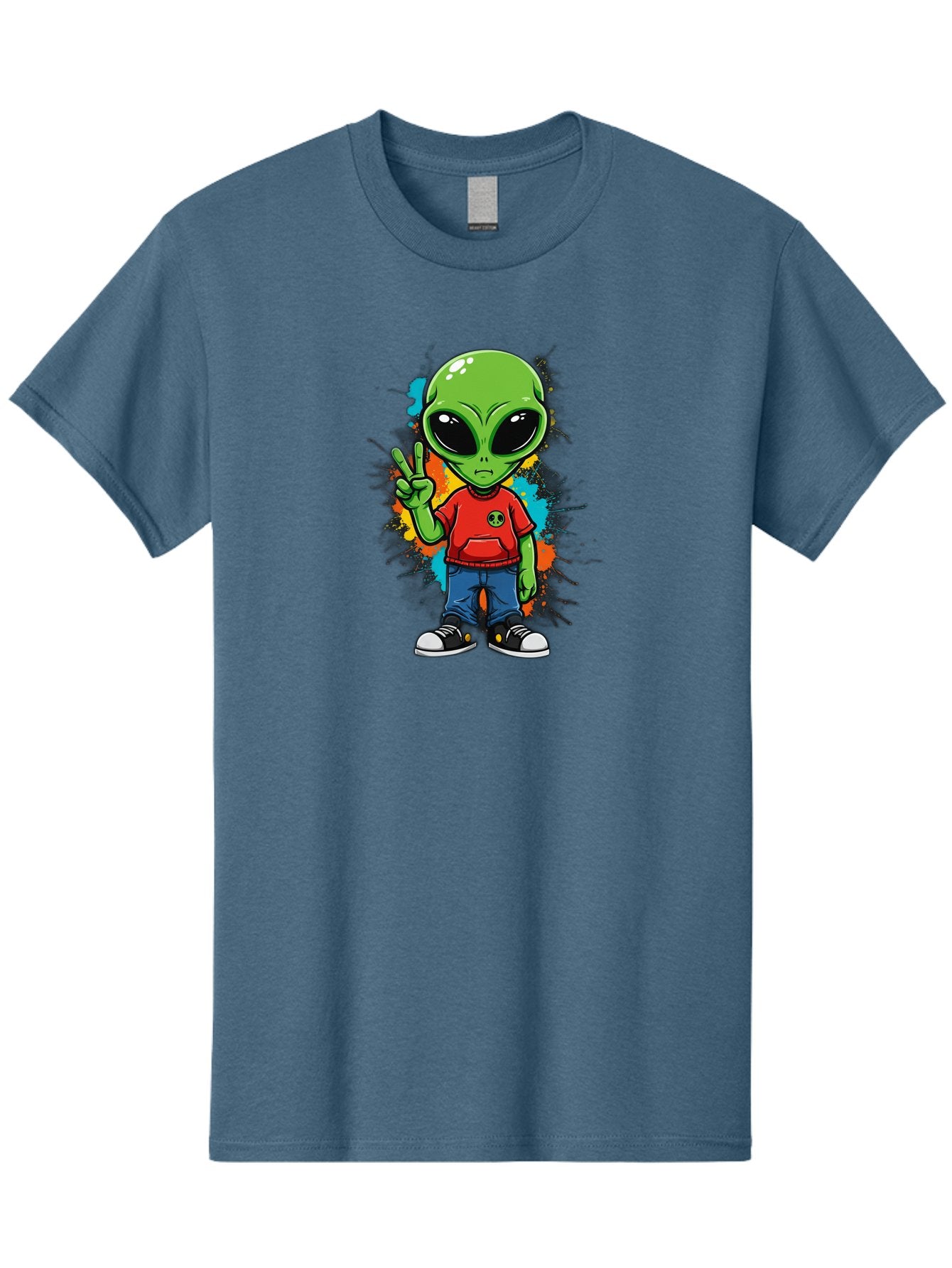 Alien-1 Men'S Graphic Tee, 100% Cotton, Comfortable Casual Summer Wear, Machine Washable, Cartoon Alien, Peace Sign, Red Shirt, Blue Jeans, Black Sneakers, Colorful Splatter, Playful Vibe, Fun Design, Quirky Character, Streetwear Style Bab619 5