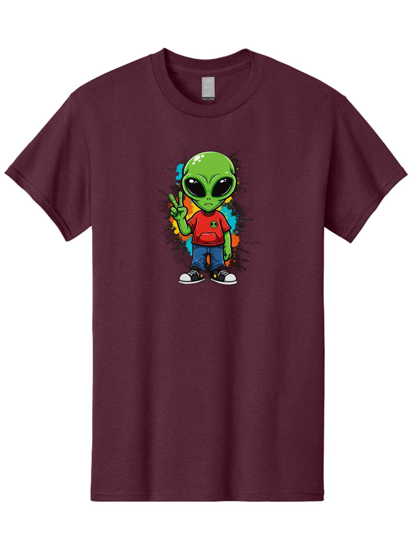 Alien-1 Men'S Graphic Tee, 100% Cotton, Comfortable Casual Summer Wear, Machine Washable, Cartoon Alien, Peace Sign, Red Shirt, Blue Jeans, Black Sneakers, Colorful Splatter, Playful Vibe, Fun Design, Quirky Character, Streetwear Style Bab619 6