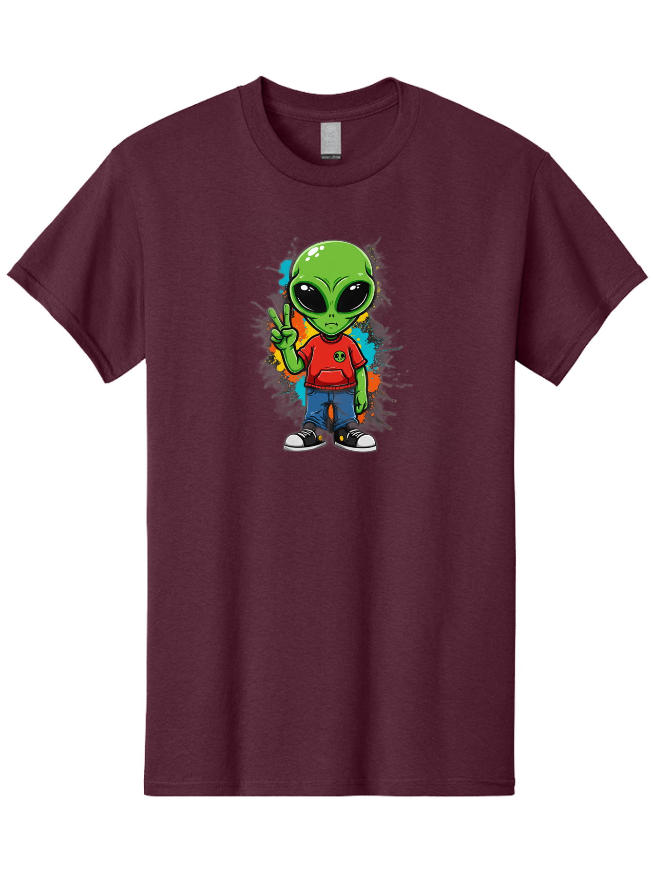 Alien-1 Men'S Graphic Tee, 100% Cotton, Comfortable Casual Summer Wear, Machine Washable, Cartoon Alien, Peace Sign, Red Shirt, Blue Jeans, Black Sneakers, Colorful Splatter, Playful Vibe, Fun Design, Quirky Character, Streetwear Style Bab619 7