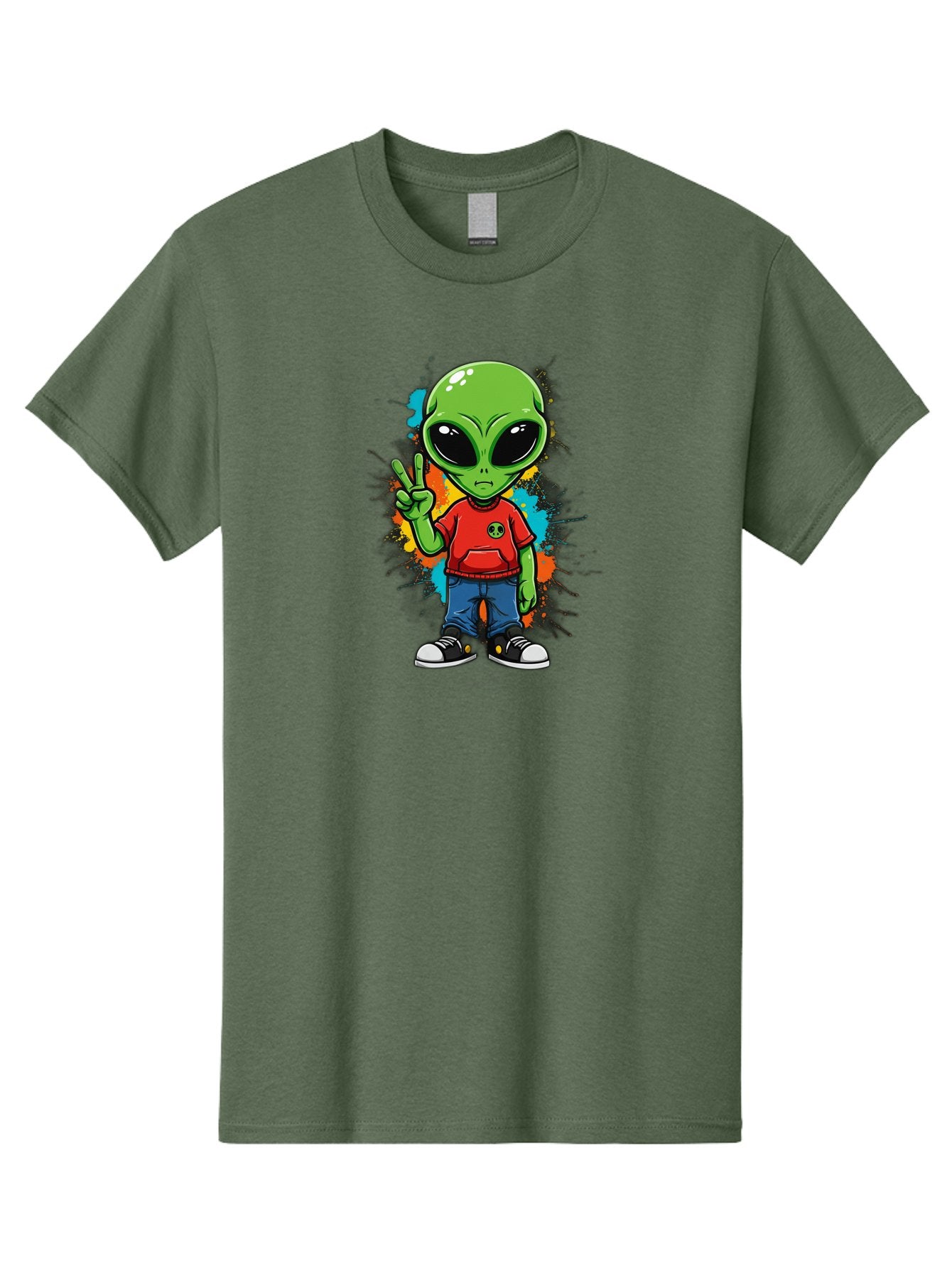 Alien-1 Men'S Graphic Tee, 100% Cotton, Comfortable Casual Summer Wear, Machine Washable, Cartoon Alien, Peace Sign, Red Shirt, Blue Jeans, Black Sneakers, Colorful Splatter, Playful Vibe, Fun Design, Quirky Character, Streetwear Style Bab619 9