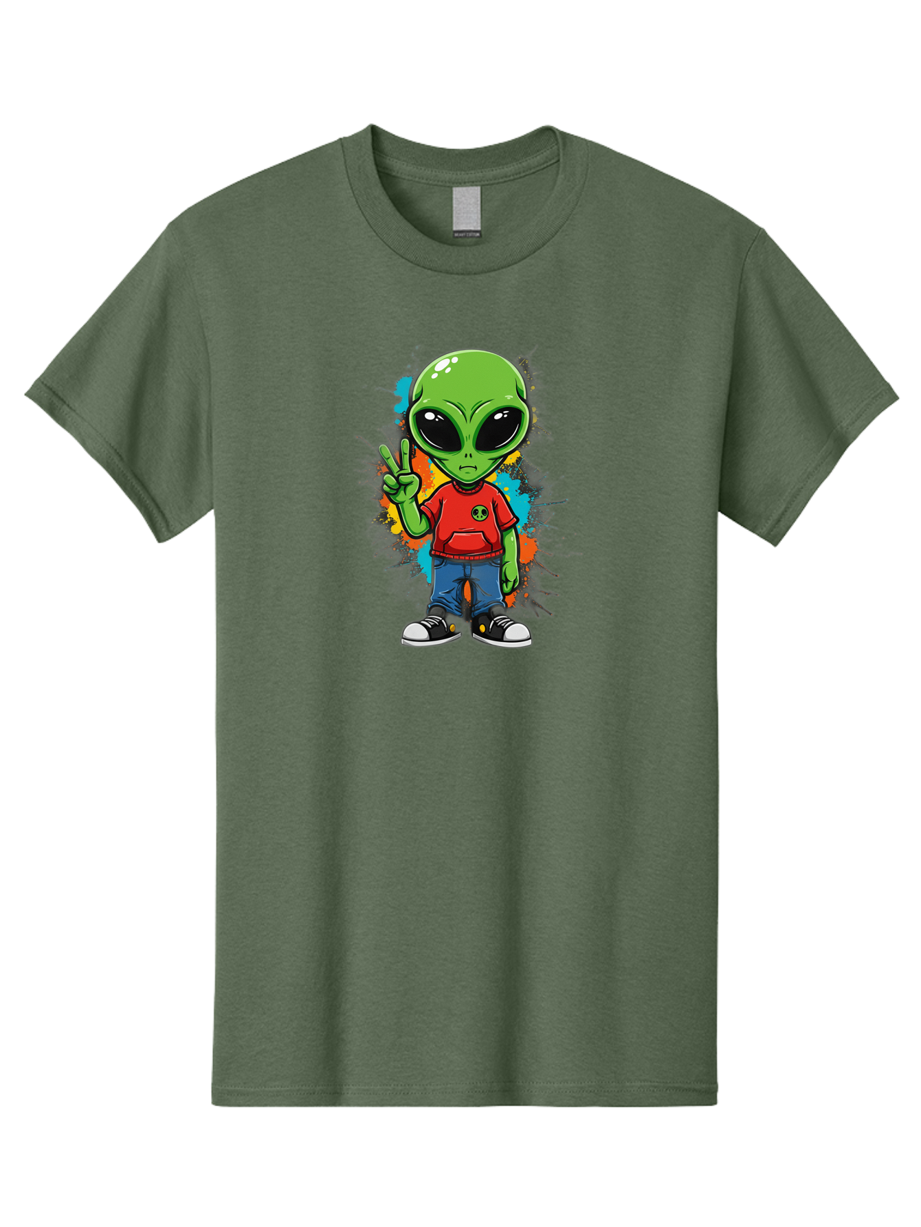 Alien-1 Men'S Graphic Tee, 100% Cotton, Comfortable Casual Summer Wear, Machine Washable, Cartoon Alien, Peace Sign, Red Shirt, Blue Jeans, Black Sneakers, Colorful Splatter, Playful Vibe, Fun Design, Quirky Character, Streetwear Style Bab619 5