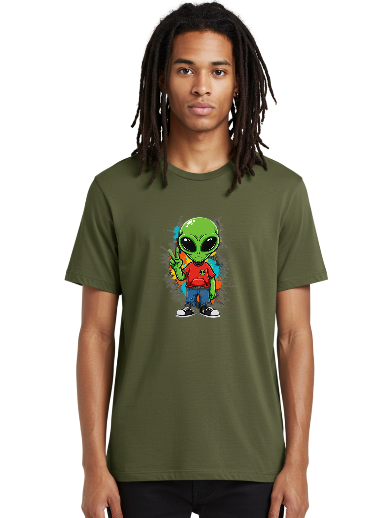 Alien-1 Men'S Graphic Tee, 100% Cotton, Comfortable Casual Summer Wear, Machine Washable, Cartoon Alien, Peace Sign, Red Shirt, Blue Jeans, Black Sneakers, Colorful Splatter, Playful Vibe, Fun Design, Quirky Character, Streetwear Style Bab619 20