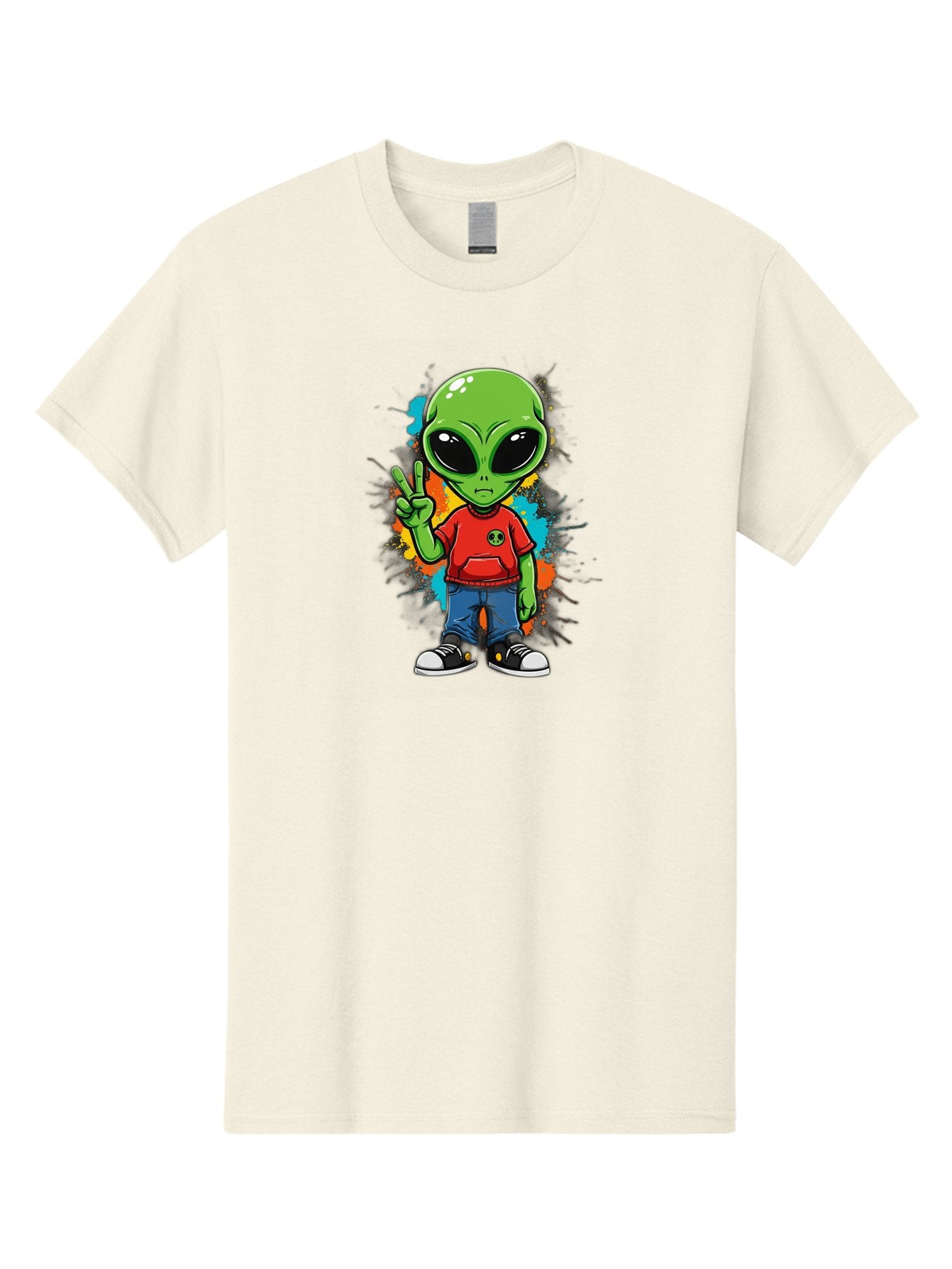 Alien-1 Men'S Graphic Tee, 100% Cotton, Comfortable Casual Summer Wear, Machine Washable, Cartoon Alien, Peace Sign, Red Shirt, Blue Jeans, Black Sneakers, Colorful Splatter, Playful Vibe, Fun Design, Quirky Character, Streetwear Style Bab619