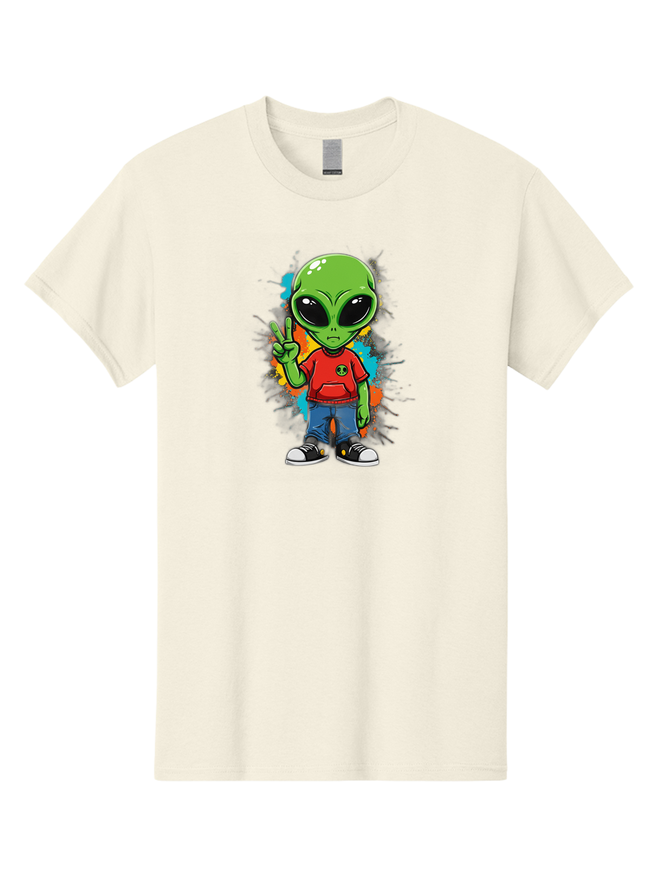 Alien-1 Men'S Graphic Tee, 100% Cotton, Comfortable Casual Summer Wear, Machine Washable, Cartoon Alien, Peace Sign, Red Shirt, Blue Jeans, Black Sneakers, Colorful Splatter, Playful Vibe, Fun Design, Quirky Character, Streetwear Style Bab619 11