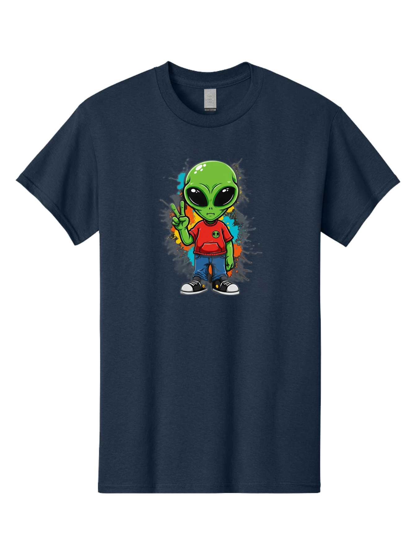 Alien-1 Men'S Graphic Tee, 100% Cotton, Comfortable Casual Summer Wear, Machine Washable, Cartoon Alien, Peace Sign, Red Shirt, Blue Jeans, Black Sneakers, Colorful Splatter, Playful Vibe, Fun Design, Quirky Character, Streetwear Style Bab619 14