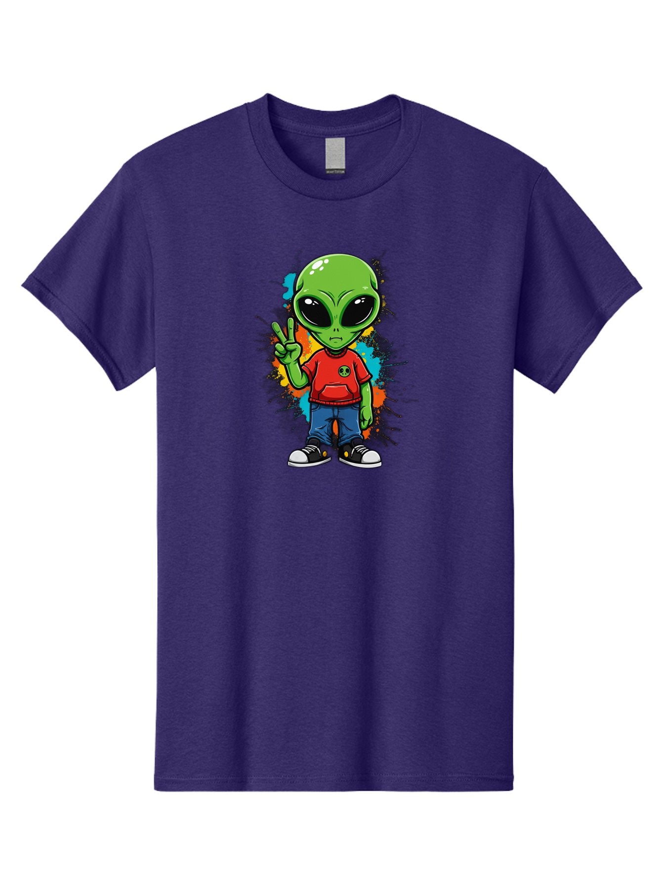 Alien-1 Men'S Graphic Tee, 100% Cotton, Comfortable Casual Summer Wear, Machine Washable, Cartoon Alien, Peace Sign, Red Shirt, Blue Jeans, Black Sneakers, Colorful Splatter, Playful Vibe, Fun Design, Quirky Character, Streetwear Style Bab619 11