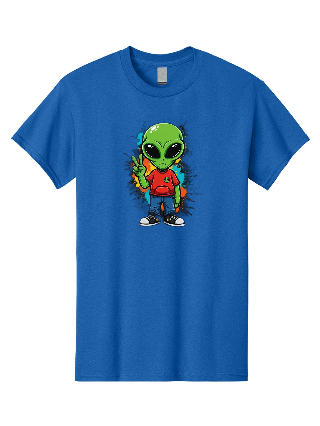 Alien-1 Men'S Graphic Tee, 100% Cotton, Comfortable Casual Summer Wear, Machine Washable, Cartoon Alien, Peace Sign, Red Shirt, Blue Jeans, Black Sneakers, Colorful Splatter, Playful Vibe, Fun Design, Quirky Character, Streetwear Style Bab619 13