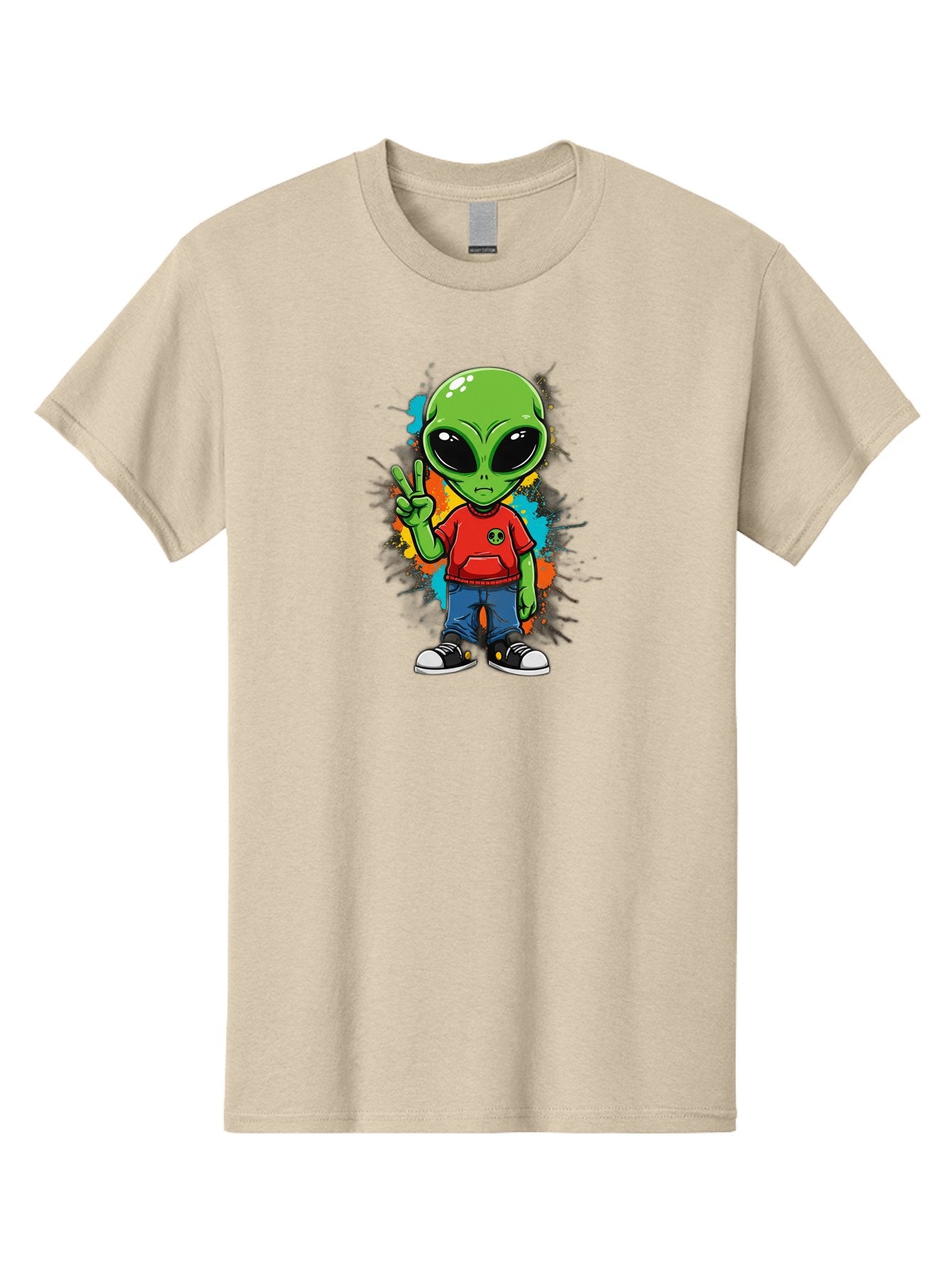 Alien-1 Men'S Graphic Tee, 100% Cotton, Comfortable Casual Summer Wear, Machine Washable, Cartoon Alien, Peace Sign, Red Shirt, Blue Jeans, Black Sneakers, Colorful Splatter, Playful Vibe, Fun Design, Quirky Character, Streetwear Style Bab619 7