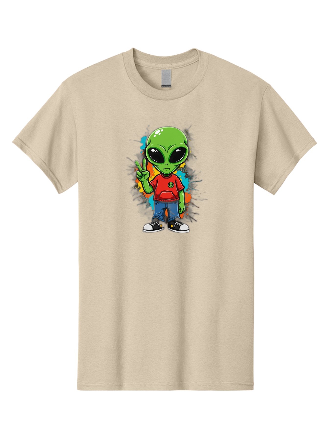 Alien-1 Men'S Graphic Tee, 100% Cotton, Comfortable Casual Summer Wear, Machine Washable, Cartoon Alien, Peace Sign, Red Shirt, Blue Jeans, Black Sneakers, Colorful Splatter, Playful Vibe, Fun Design, Quirky Character, Streetwear Style Bab619 13
