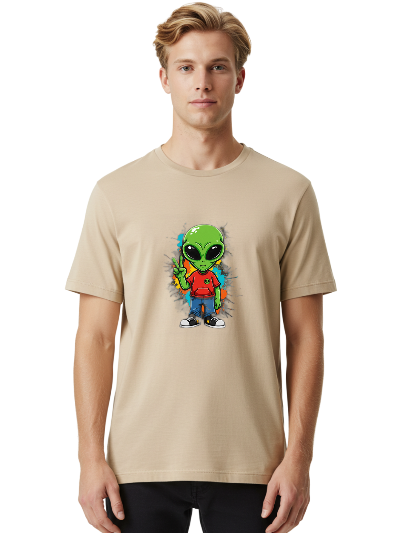 Alien-1 Men'S Graphic Tee, 100% Cotton, Comfortable Casual Summer Wear, Machine Washable, Cartoon Alien, Peace Sign, Red Shirt, Blue Jeans, Black Sneakers, Colorful Splatter, Playful Vibe, Fun Design, Quirky Character, Streetwear Style Bab619 28