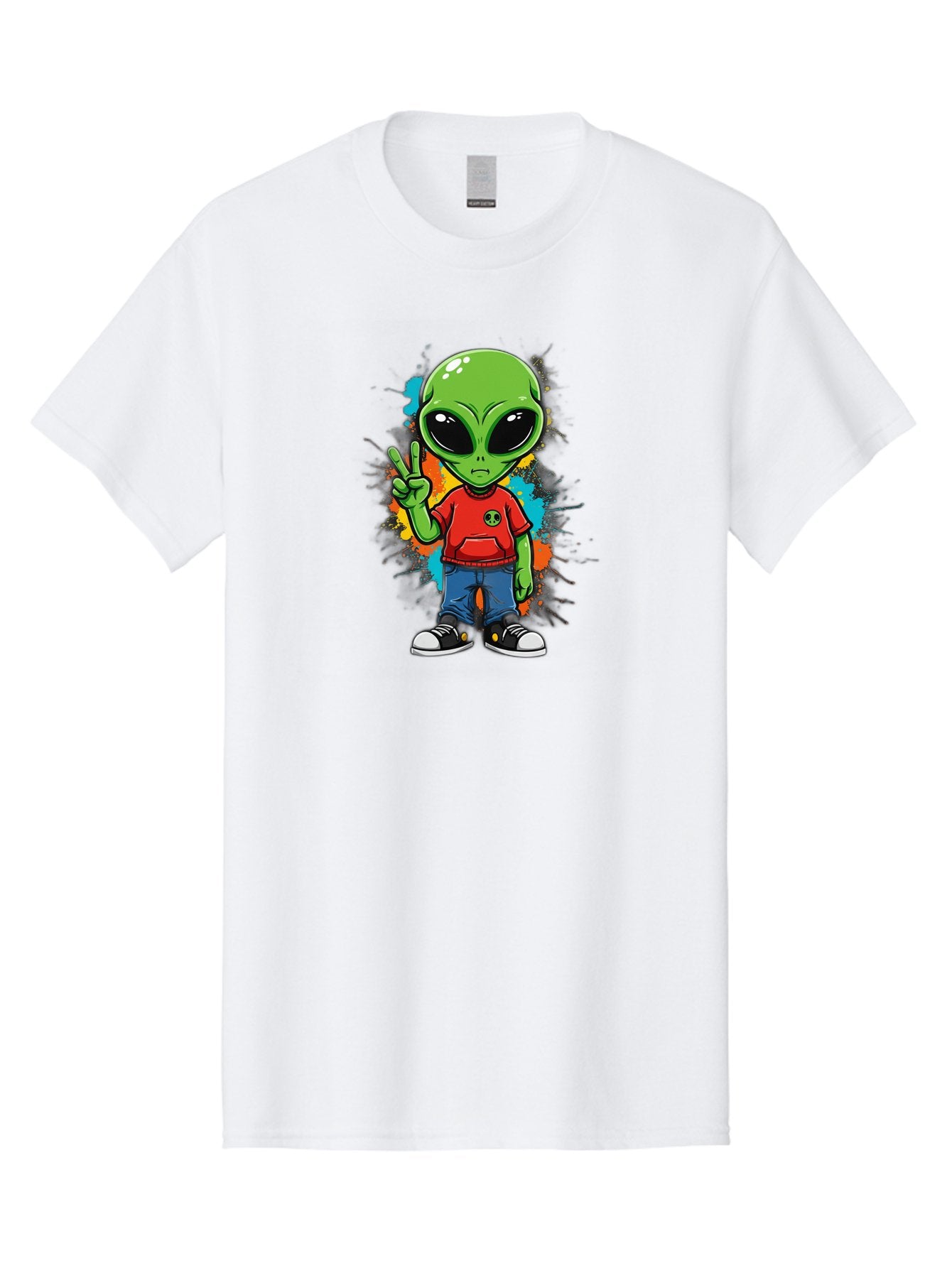 Alien-1 Men'S Graphic Tee, 100% Cotton, Comfortable Casual Summer Wear, Machine Washable, Cartoon Alien, Peace Sign, Red Shirt, Blue Jeans, Black Sneakers, Colorful Splatter, Playful Vibe, Fun Design, Quirky Character, Streetwear Style Bab619 3