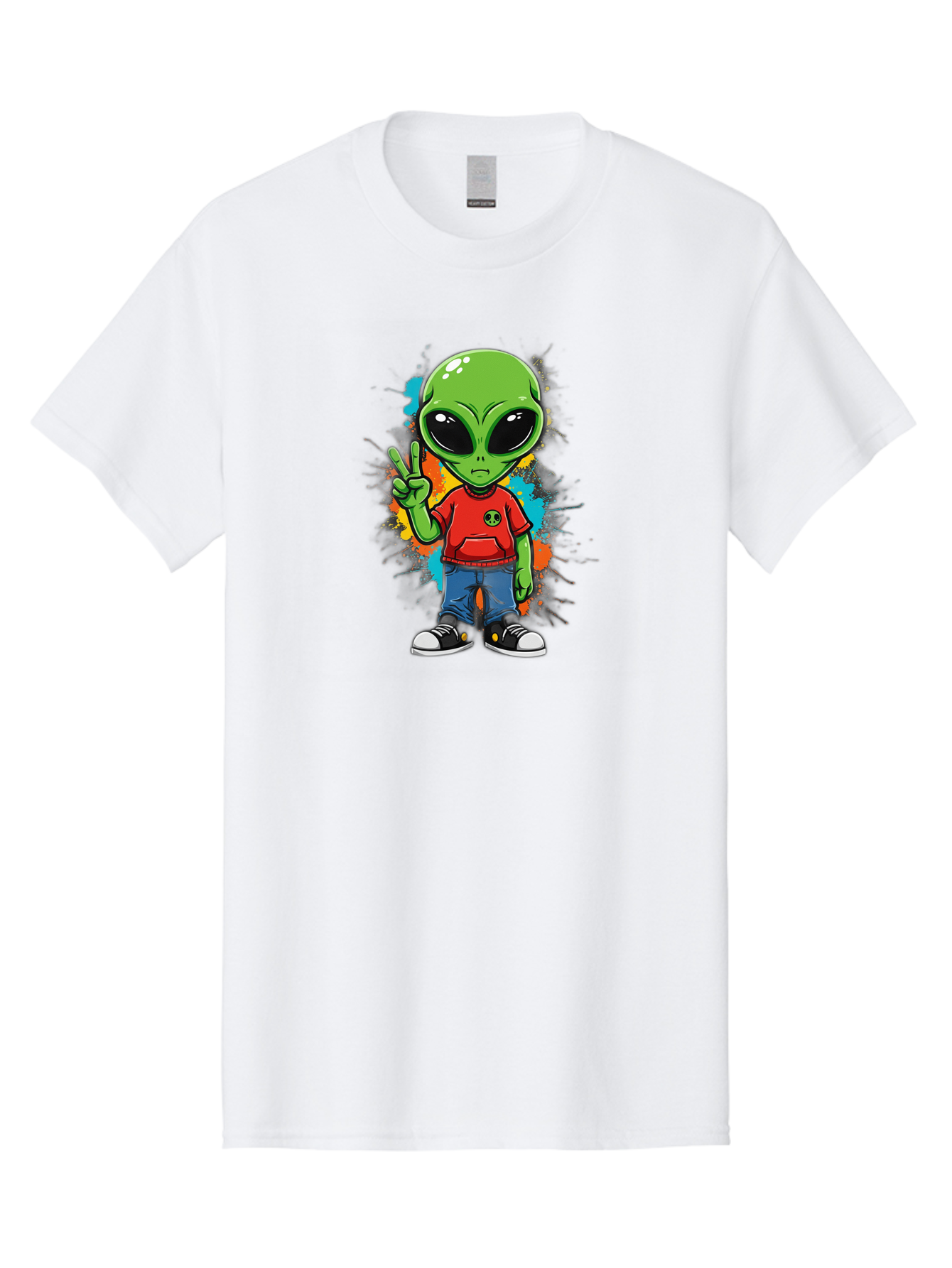 Alien-1 Men'S Graphic Tee, 100% Cotton, Comfortable Casual Summer Wear, Machine Washable, Cartoon Alien, Peace Sign, Red Shirt, Blue Jeans, Black Sneakers, Colorful Splatter, Playful Vibe, Fun Design, Quirky Character, Streetwear Style Bab619 9