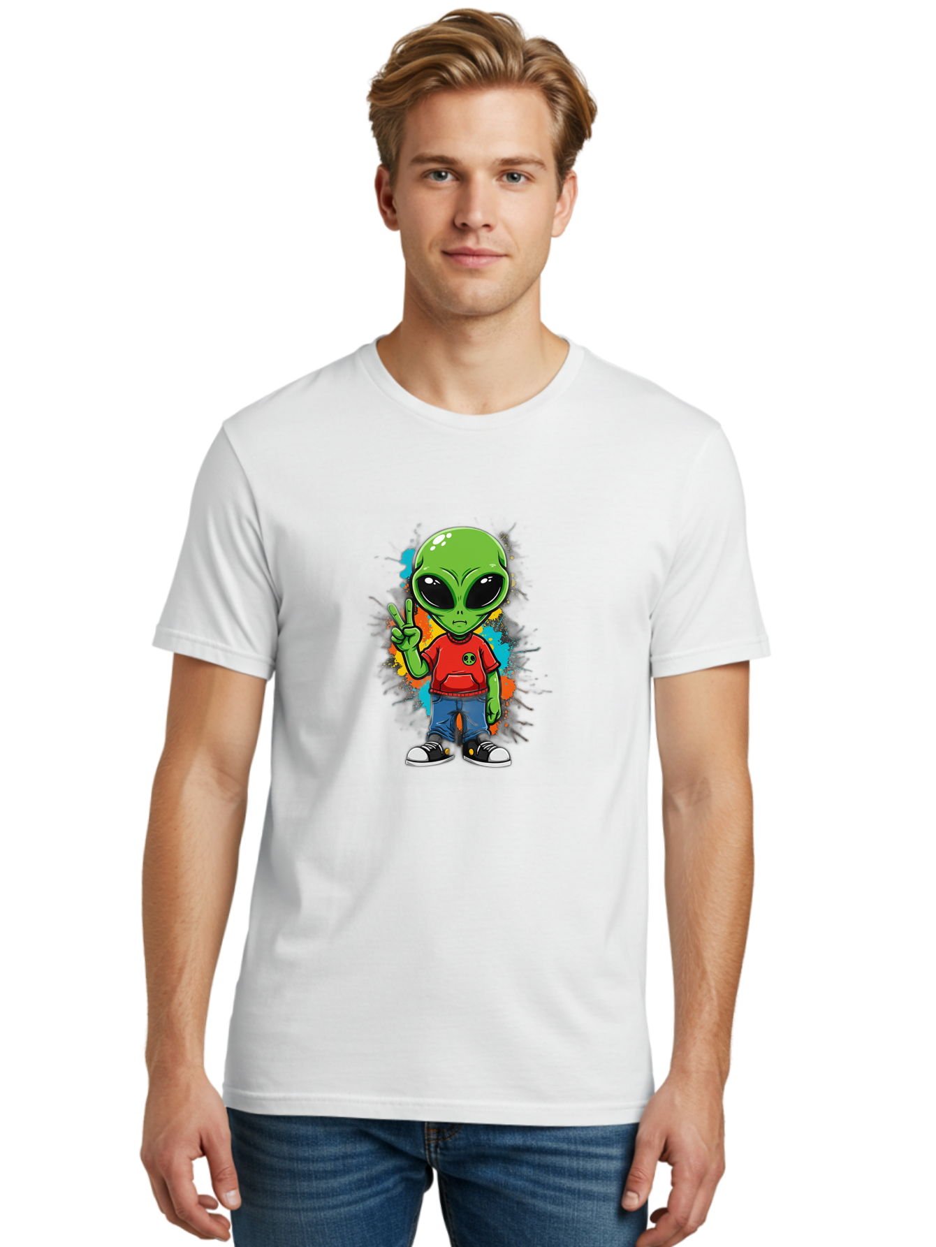 Alien-1 Men'S Graphic Tee, 100% Cotton, Comfortable Casual Summer Wear, Machine Washable, Cartoon Alien, Peace Sign, Red Shirt, Blue Jeans, Black Sneakers, Colorful Splatter, Playful Vibe, Fun Design, Quirky Character, Streetwear Style Bab619 24