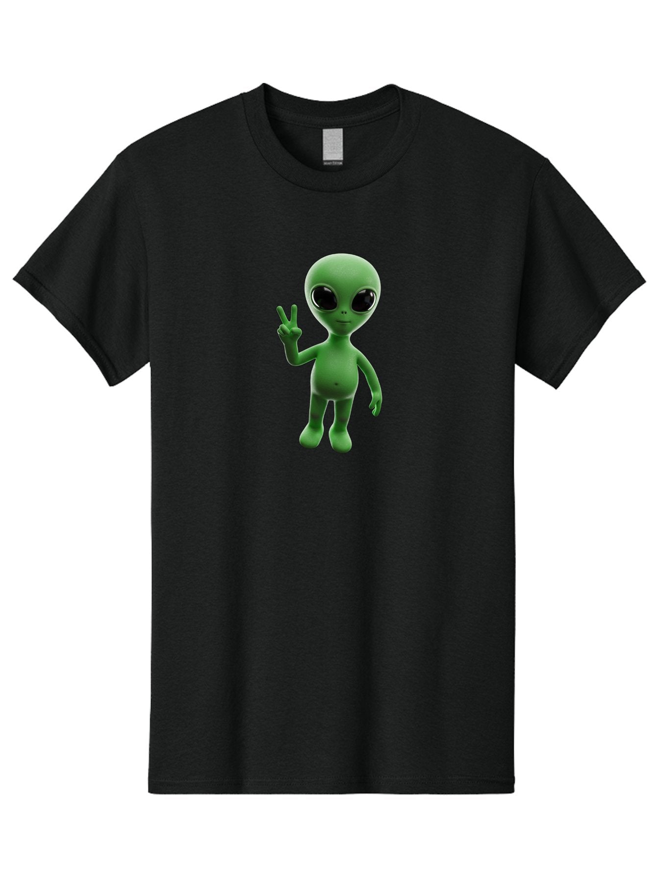 Alien-2 Men'S Graphic Tee, 100% Cotton, Comfortable Casual Summer Wear, Machine Washable, Cartoon Alien, Peace Sign, 3D Rendering, Friendly Gesture, Outer Space Character, Green Skin Tone, Black Eyes, Digital Artwork, Pop Culture Symbol Bab620