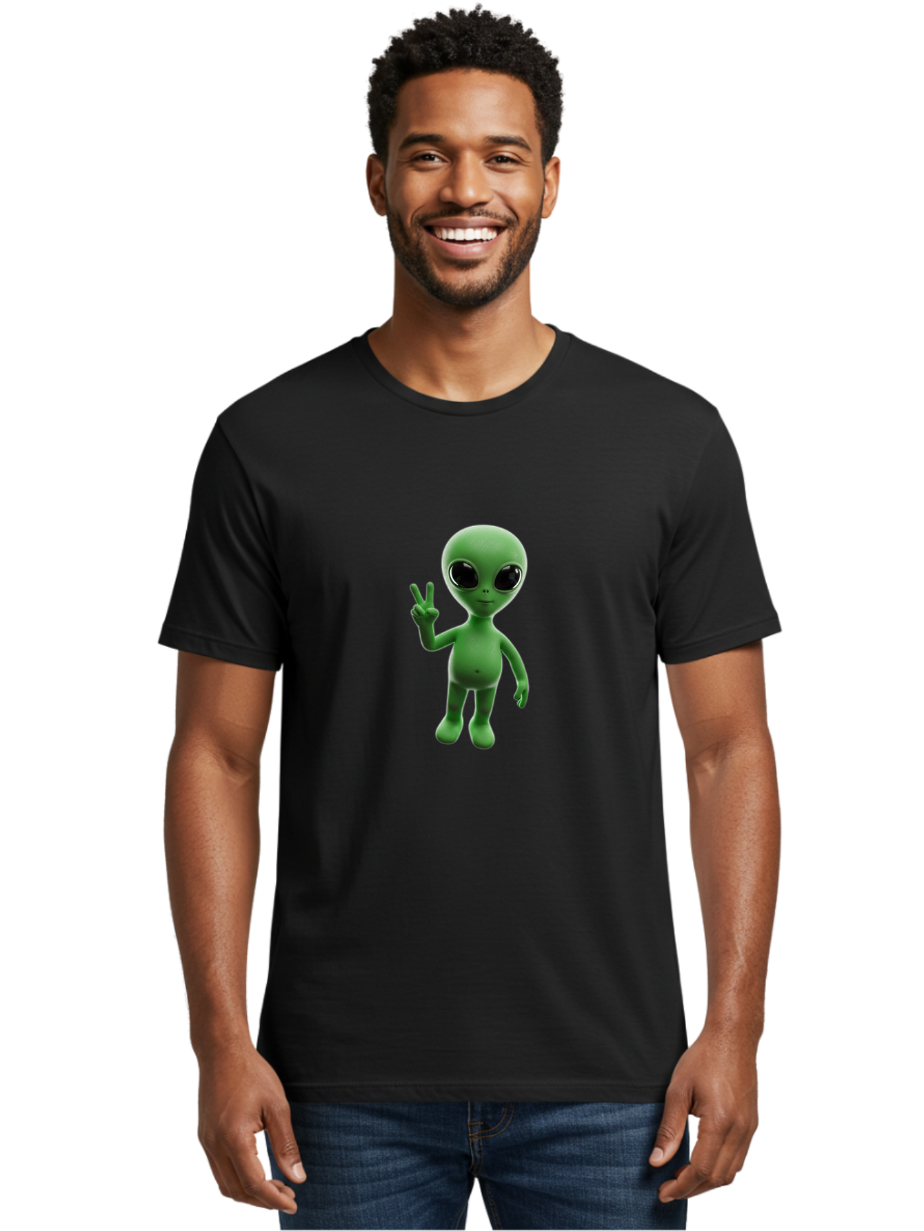 Alien-2 Men'S Graphic Tee, 100% Cotton, Comfortable Casual Summer Wear, Machine Washable, Cartoon Alien, Peace Sign, 3D Rendering, Friendly Gesture, Outer Space Character, Green Skin Tone, Black Eyes, Digital Artwork, Pop Culture Symbol Bab620 26