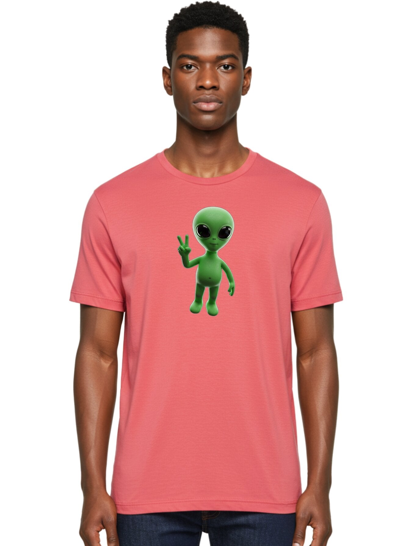 Alien-2 Men'S Graphic Tee, 100% Cotton, Comfortable Casual Summer Wear, Machine Washable, Cartoon Alien, Peace Sign, 3D Rendering, Friendly Gesture, Outer Space Character, Green Skin Tone, Black Eyes, Digital Artwork, Pop Culture Symbol Bab620 25