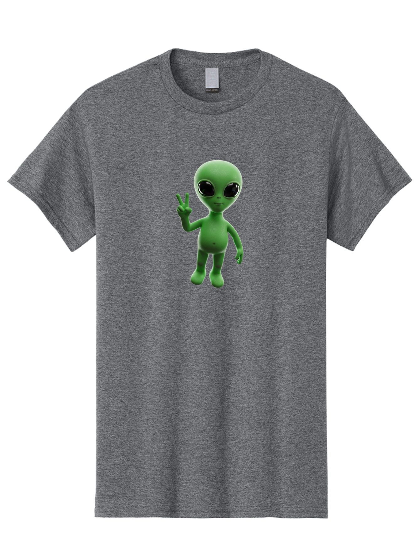 Alien-2 Men'S Graphic Tee, 100% Cotton, Comfortable Casual Summer Wear, Machine Washable, Cartoon Alien, Peace Sign, 3D Rendering, Friendly Gesture, Outer Space Character, Green Skin Tone, Black Eyes, Digital Artwork, Pop Culture Symbol Bab620