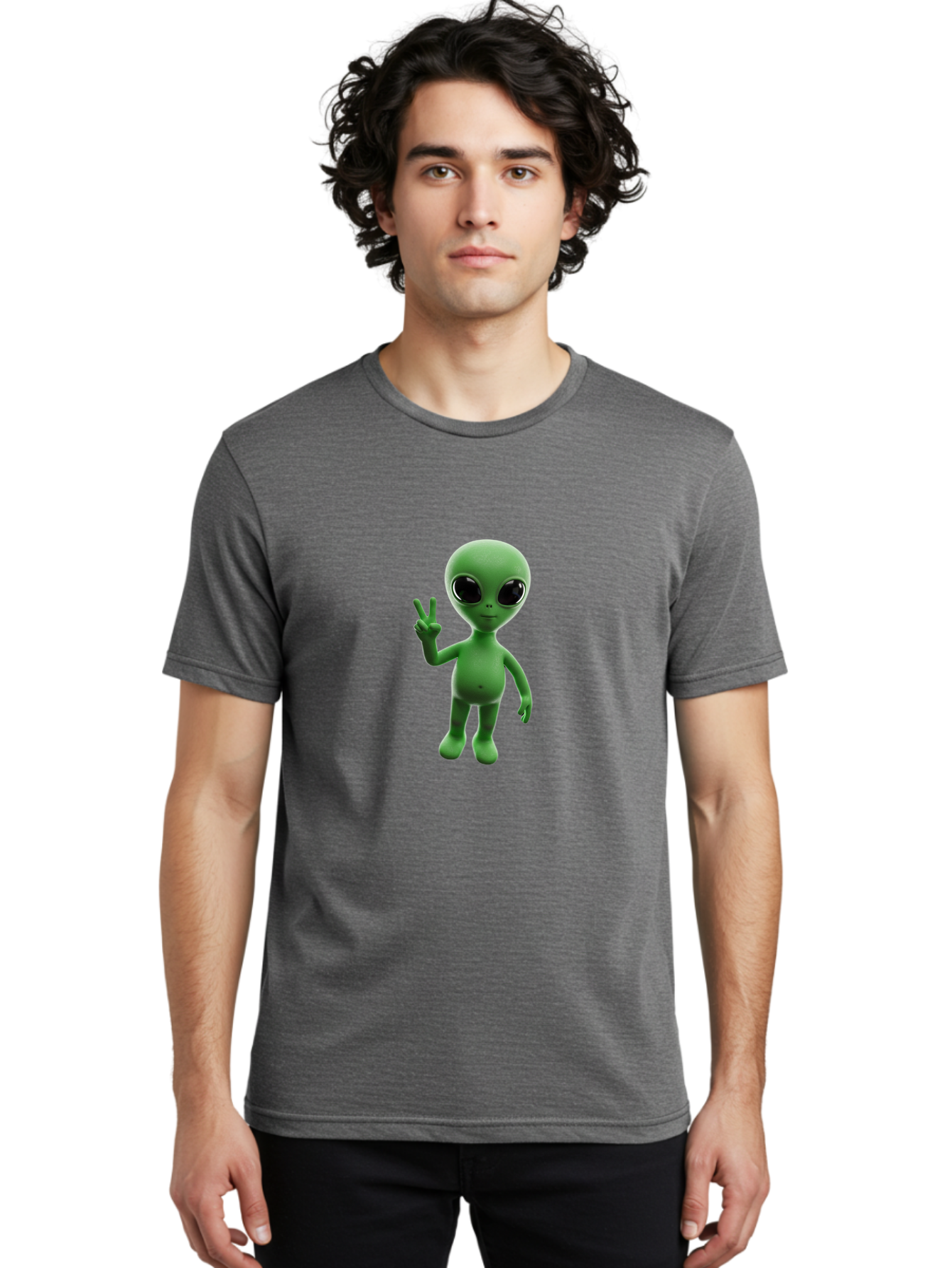 Alien-2 Men'S Graphic Tee, 100% Cotton, Comfortable Casual Summer Wear, Machine Washable, Cartoon Alien, Peace Sign, 3D Rendering, Friendly Gesture, Outer Space Character, Green Skin Tone, Black Eyes, Digital Artwork, Pop Culture Symbol Bab620 16