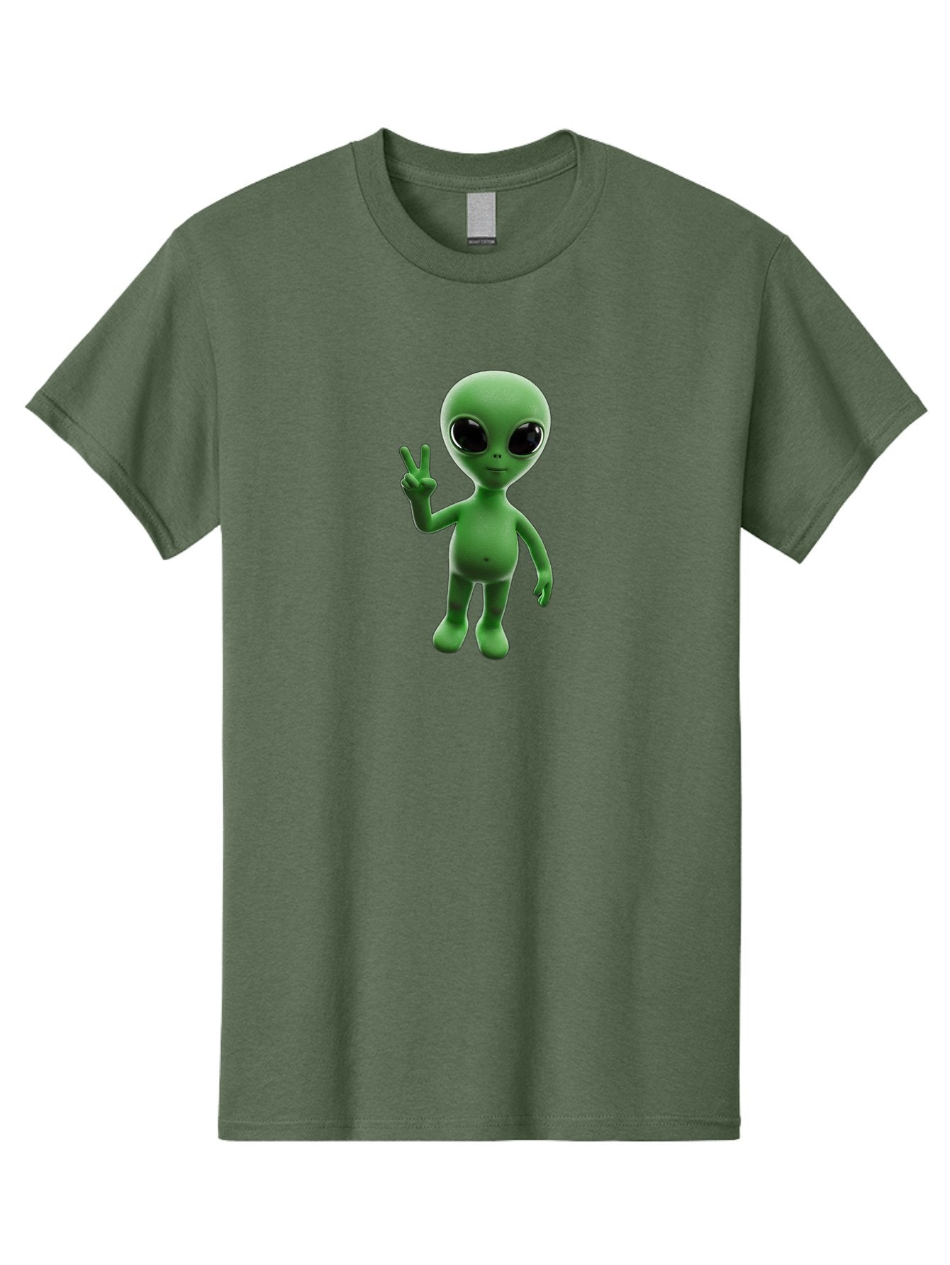 Alien-2 Men'S Graphic Tee, 100% Cotton, Comfortable Casual Summer Wear, Machine Washable, Cartoon Alien, Peace Sign, 3D Rendering, Friendly Gesture, Outer Space Character, Green Skin Tone, Black Eyes, Digital Artwork, Pop Culture Symbol Bab620 3
