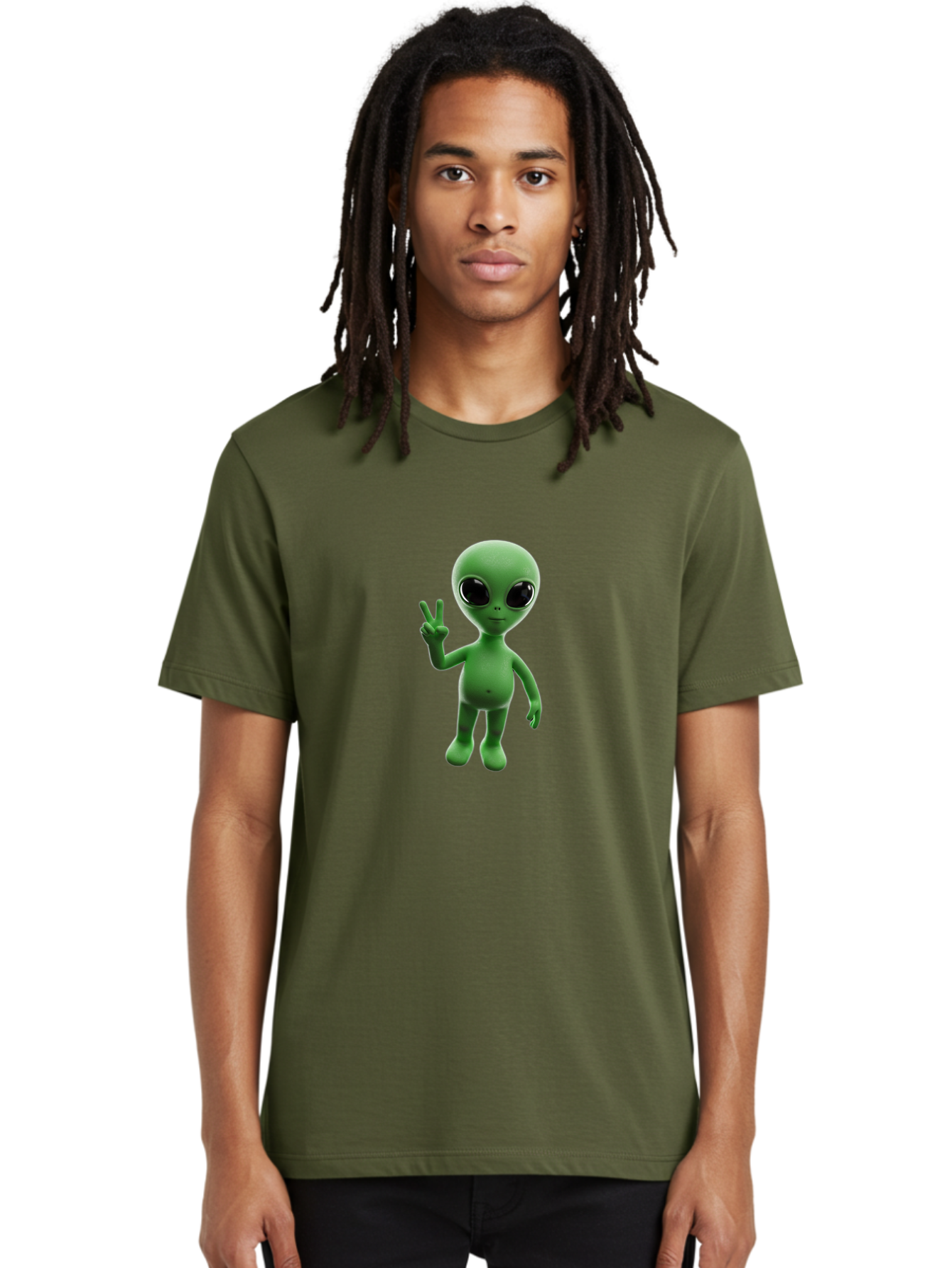 Alien-2 Men'S Graphic Tee, 100% Cotton, Comfortable Casual Summer Wear, Machine Washable, Cartoon Alien, Peace Sign, 3D Rendering, Friendly Gesture, Outer Space Character, Green Skin Tone, Black Eyes, Digital Artwork, Pop Culture Symbol Bab620 24
