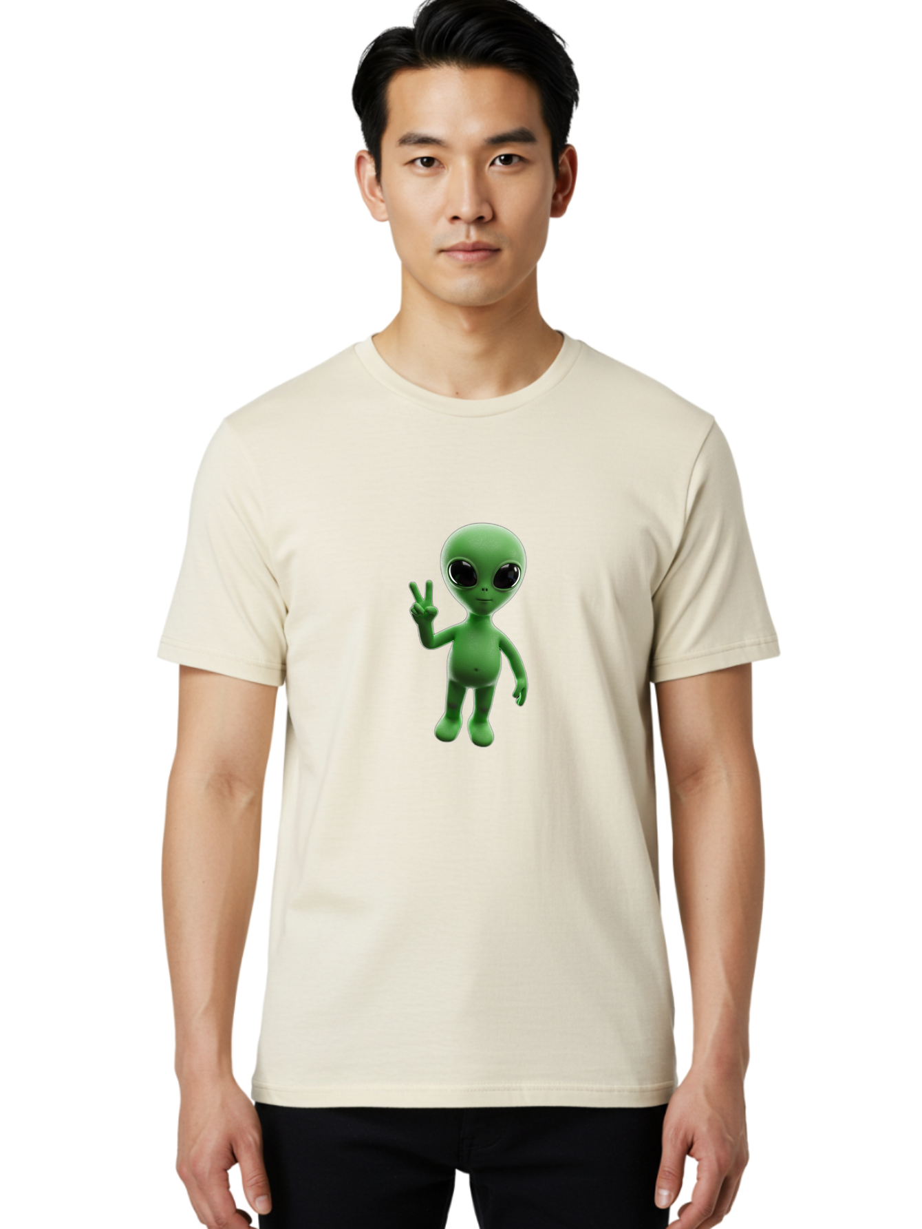 Alien-2 Men'S Graphic Tee, 100% Cotton, Comfortable Casual Summer Wear, Machine Washable, Cartoon Alien, Peace Sign, 3D Rendering, Friendly Gesture, Outer Space Character, Green Skin Tone, Black Eyes, Digital Artwork, Pop Culture Symbol Bab620 22
