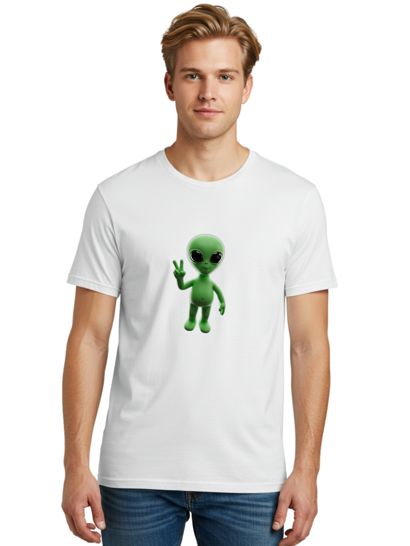 Alien-2 Men'S Graphic Tee, 100% Cotton, Comfortable Casual Summer Wear, Machine Washable, Cartoon Alien, Peace Sign, 3D Rendering, Friendly Gesture, Outer Space Character, Green Skin Tone, Black Eyes, Digital Artwork, Pop Culture Symbol Bab620 28