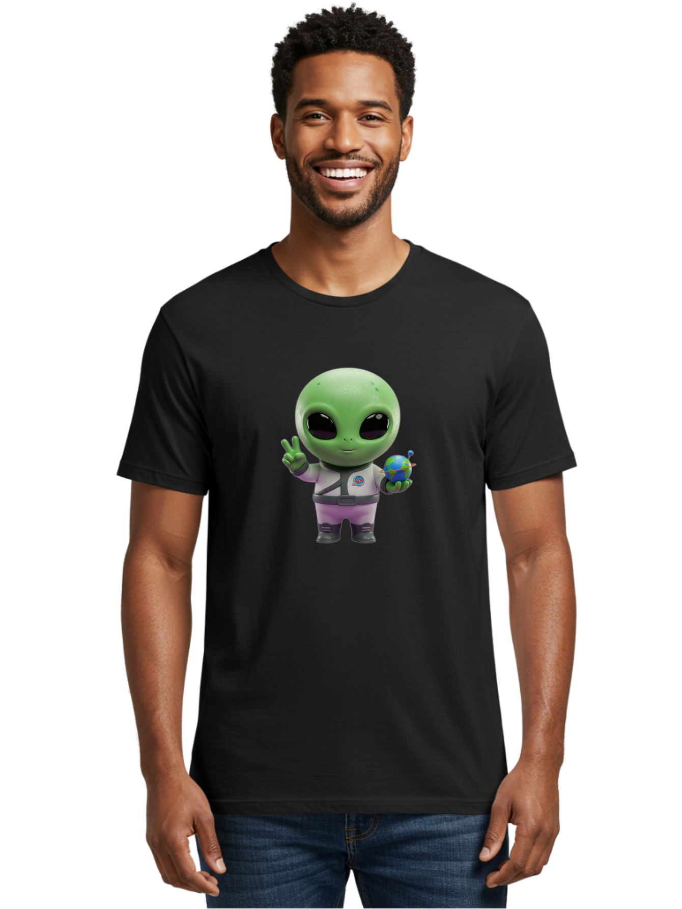 Alien-Astronaut Men'S Graphic Tee, 100% Cotton, Comfortable Casual Summer Wear, Machine Washable, Cartoon Alien, Astronaut Costume, Peace Sign, Earth Globe, Space Exploration, Friendly Extraterrestrial, Sci-Fi Character, Bab621 29