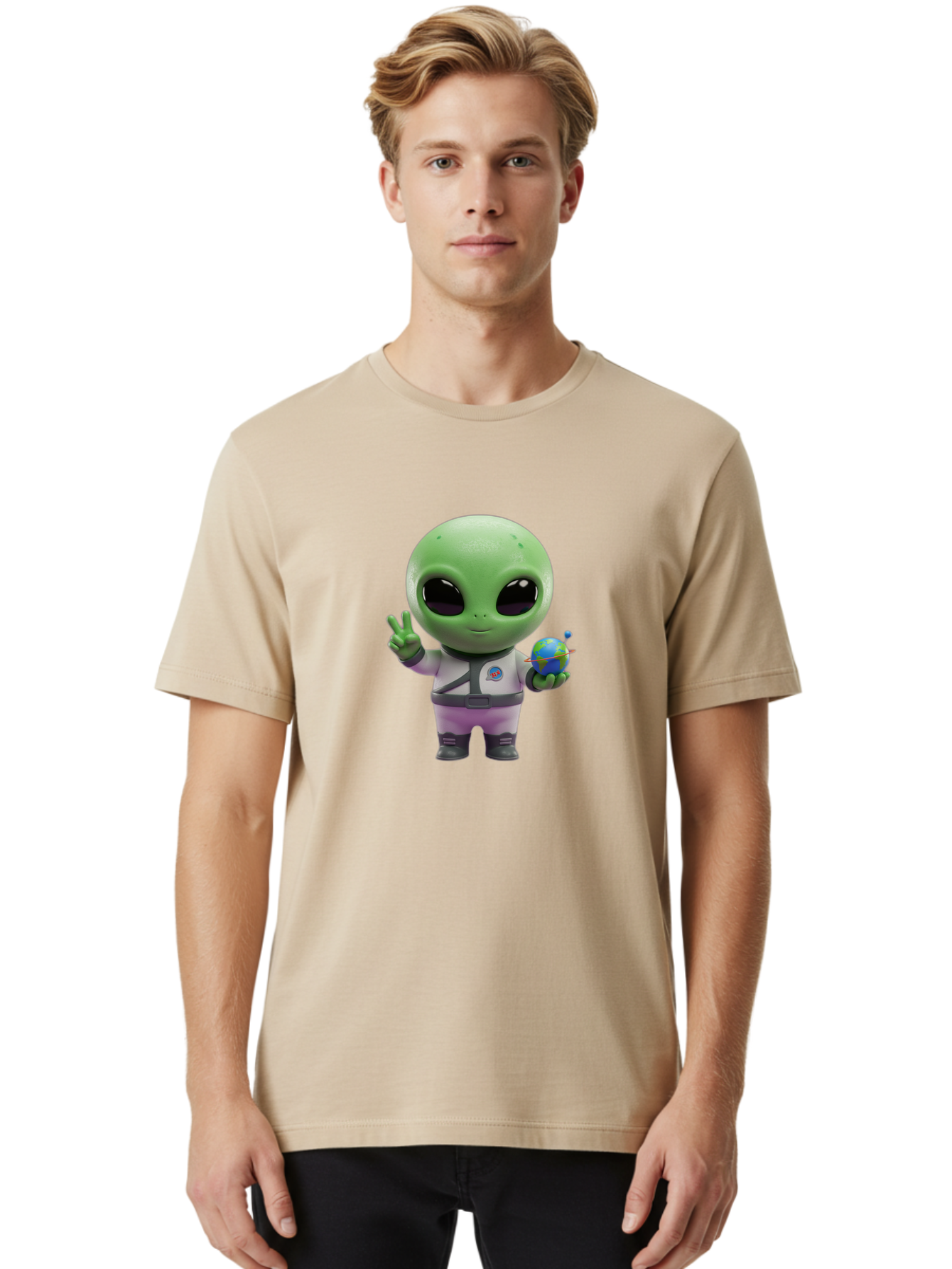 Alien-Astronaut Men'S Graphic Tee, 100% Cotton, Comfortable Casual Summer Wear, Machine Washable, Cartoon Alien, Astronaut Costume, Peace Sign, Earth Globe, Space Exploration, Friendly Extraterrestrial, Sci-Fi Character, Bab621 28