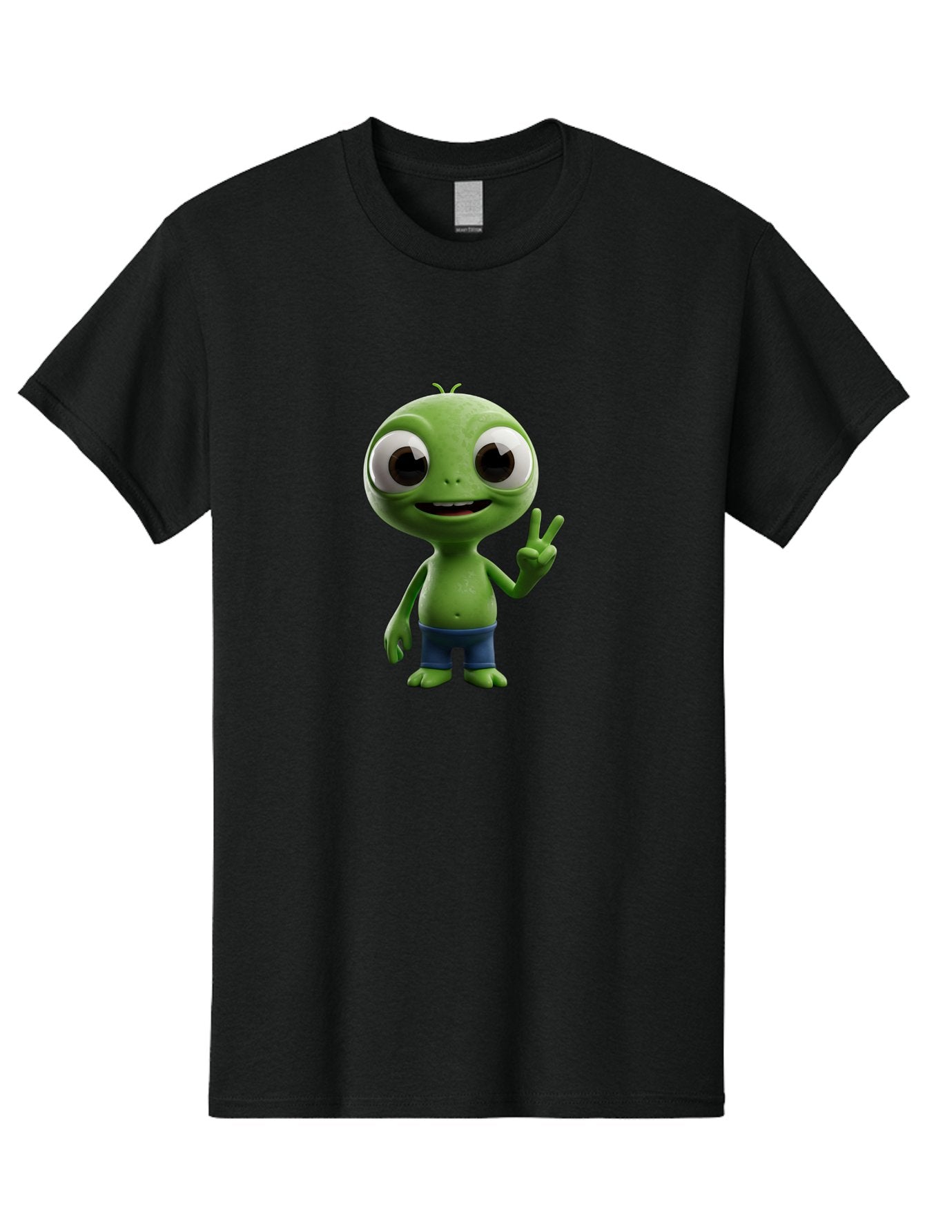 Alien-Cartoon-Character Men'S Graphic Tee, 100% Cotton, Comfortable Casual Summer Wear, Machine Washable, Alien Cartoon, Green Creature, Large Eyes, Peace Sign, Blue Shorts, Cute Character, Cartoon Style, Funny Alien, Cartoon Character Design, Bab622 8