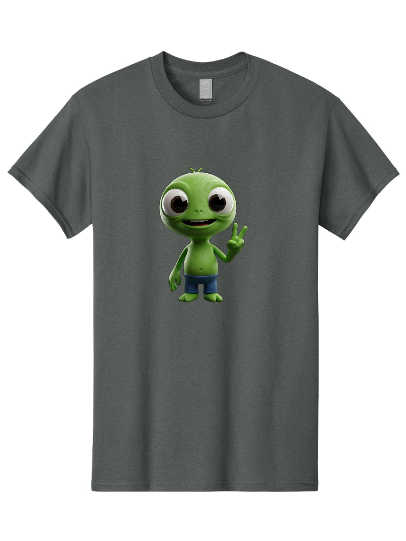 Alien-Cartoon-Character Men'S Graphic Tee, 100% Cotton, Comfortable Casual Summer Wear, Machine Washable, Alien Cartoon, Green Creature, Large Eyes, Peace Sign, Blue Shorts, Cute Character, Cartoon Style, Funny Alien, Cartoon Character Design, Bab622