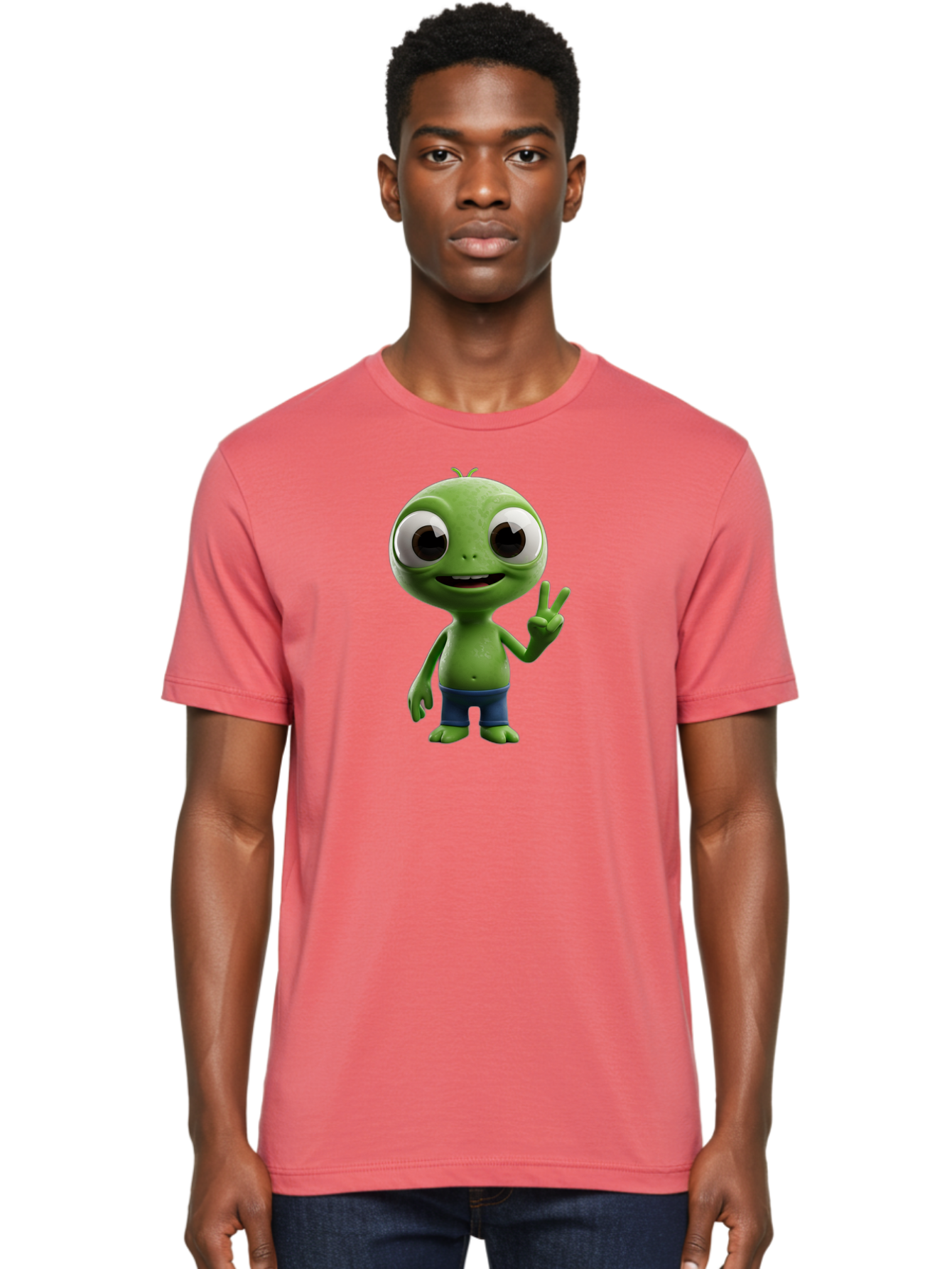 Alien-Cartoon-Character Men'S Graphic Tee, 100% Cotton, Comfortable Casual Summer Wear, Machine Washable, Alien Cartoon, Green Creature, Large Eyes, Peace Sign, Blue Shorts, Cute Character, Cartoon Style, Funny Alien, Cartoon Character Design, Bab622 19