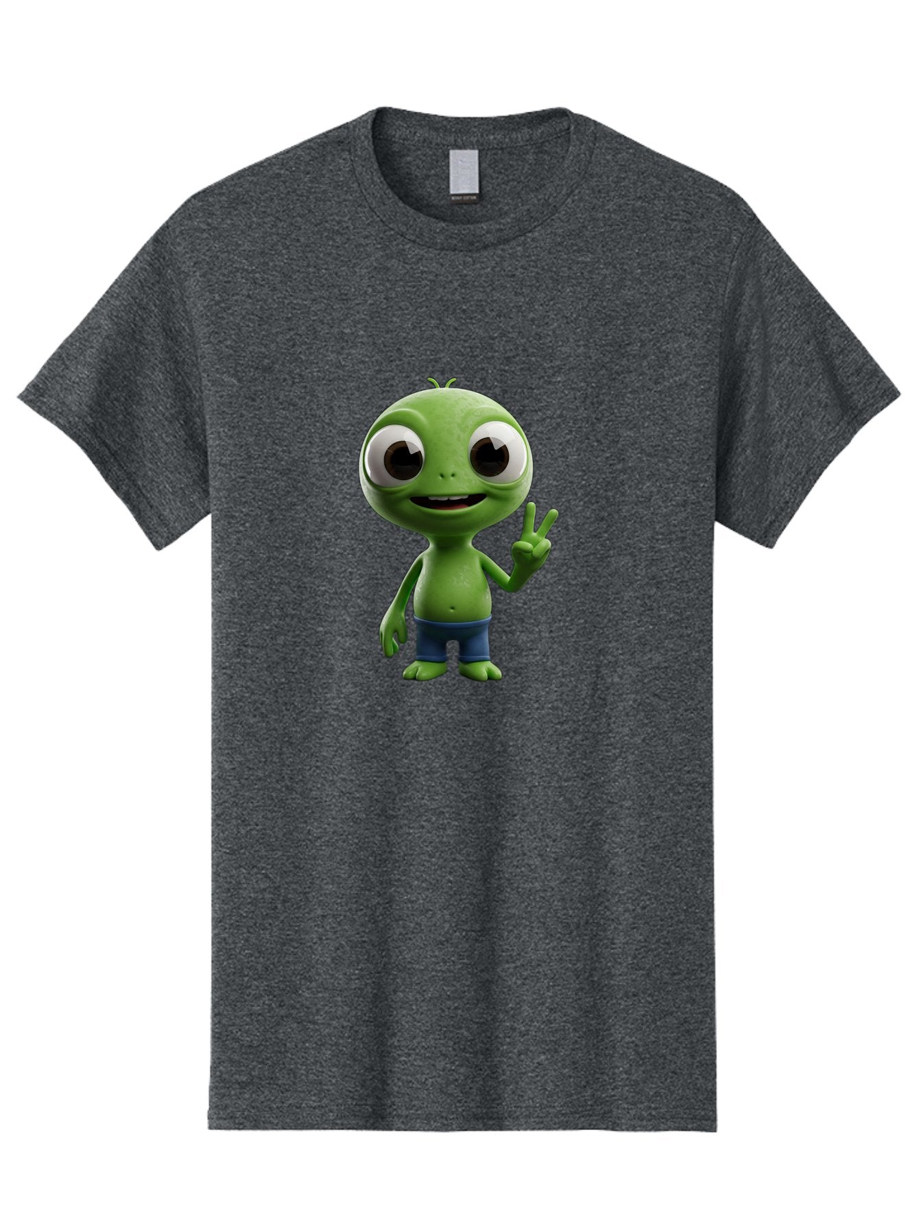 Alien-Cartoon-Character Men'S Graphic Tee, 100% Cotton, Comfortable Casual Summer Wear, Machine Washable, Alien Cartoon, Green Creature, Large Eyes, Peace Sign, Blue Shorts, Cute Character, Cartoon Style, Funny Alien, Cartoon Character Design, Bab622